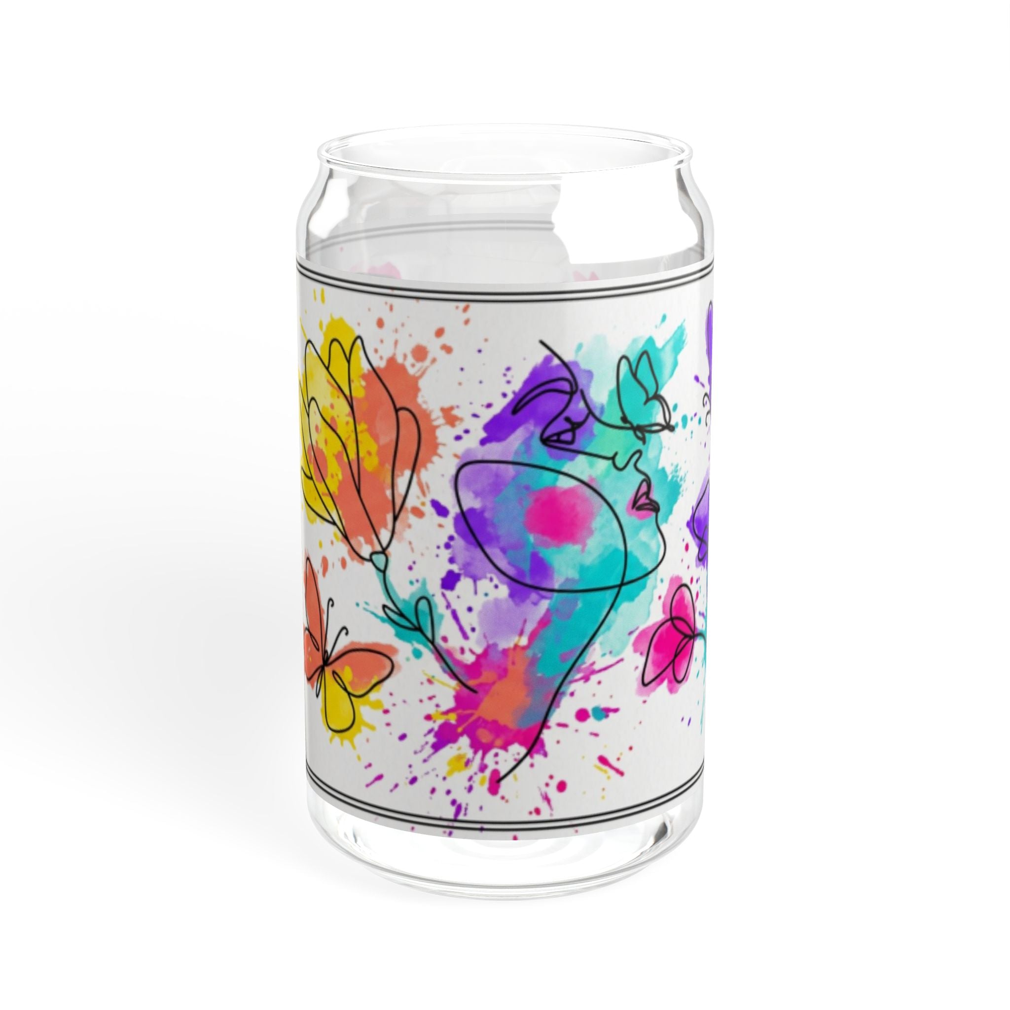 473ml Trinkglas im Dosendesign mit Aquarell-Blumenmuster, Bambusdeckel und Strohhalm