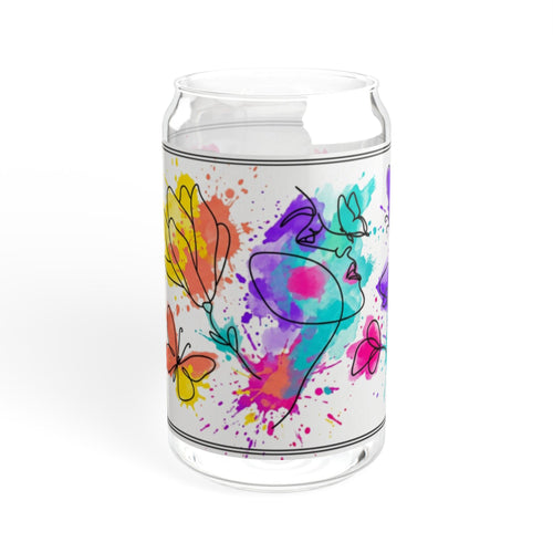 473ml Trinkglas im Dosendesign mit Aquarell-Blumenmuster, Bambusdeckel und Strohhalm