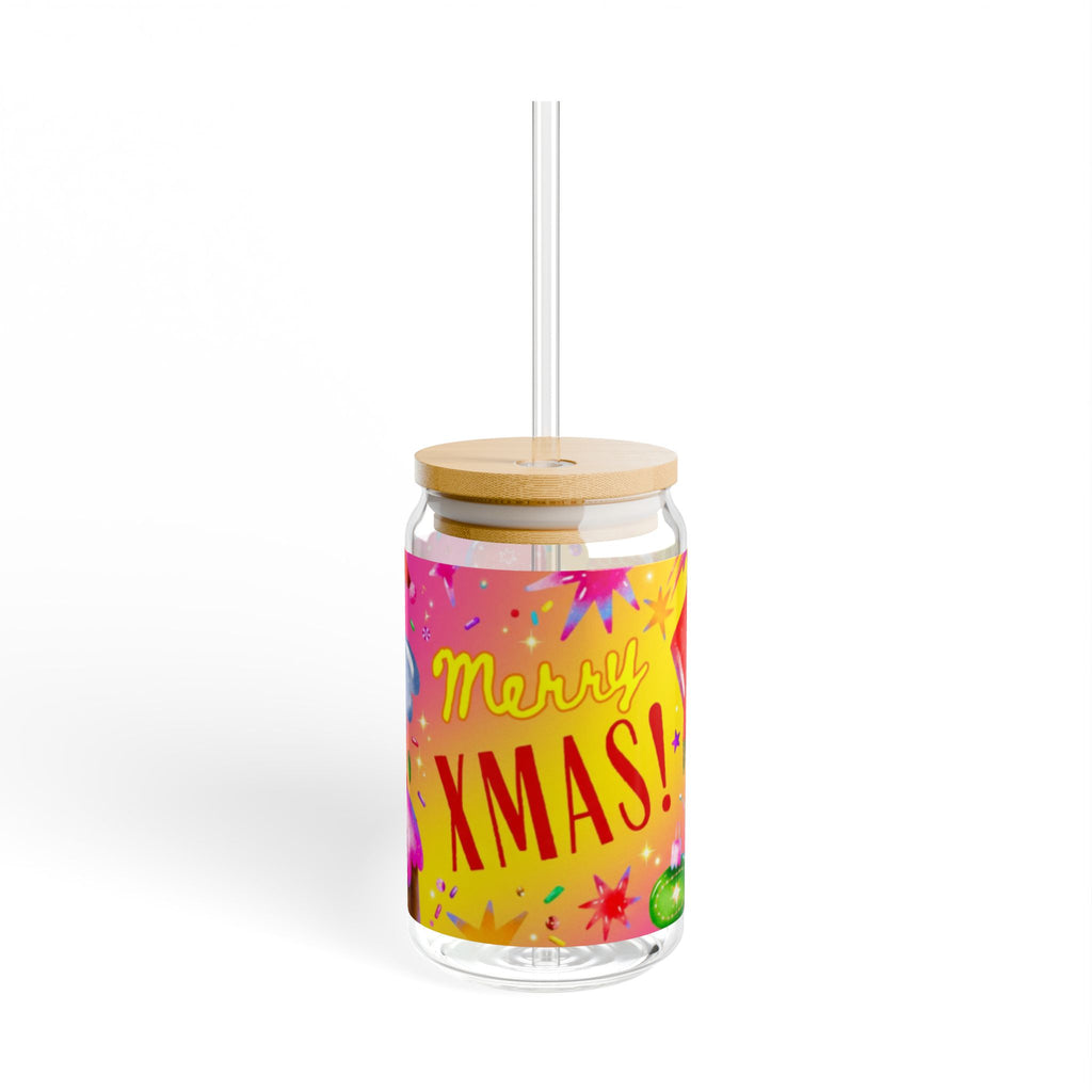 Glasbecher mit Strohhalm & Bambusdeckel „Frohe Weihnachten“ | 16oz Weihnachtsglas