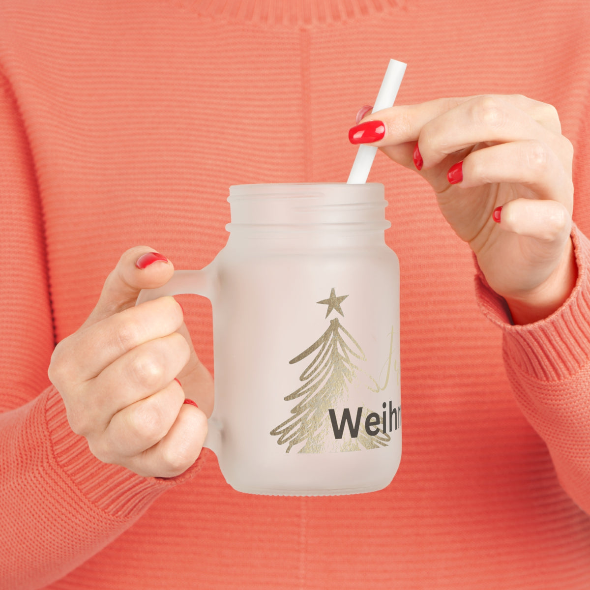 Weihnachtliches Trinkglas mit Deckel & Strohhalm – Mattiertes Festtagsglas