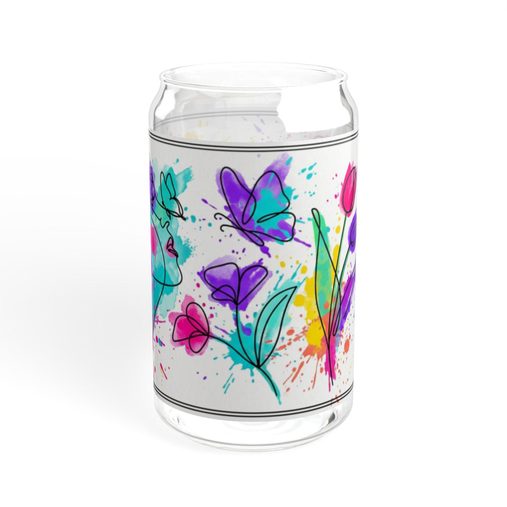 473ml Trinkglas im Dosendesign mit Aquarell-Blumenmuster, Bambusdeckel und Strohhalm