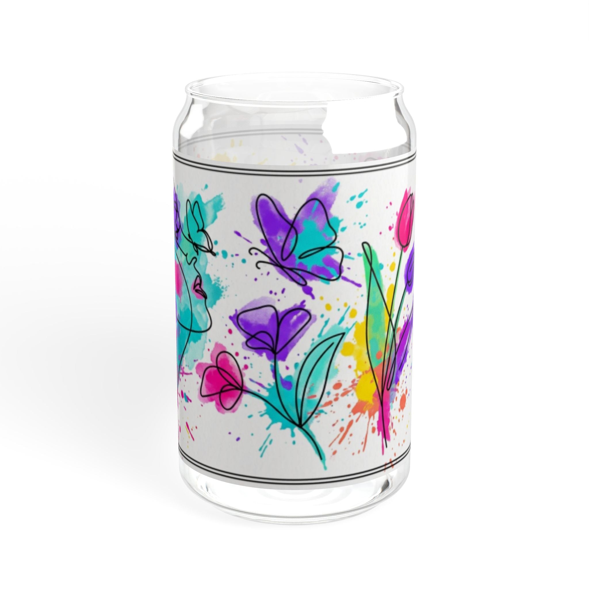 473ml Trinkglas im Dosendesign mit Aquarell-Blumenmuster, Bambusdeckel und Strohhalm