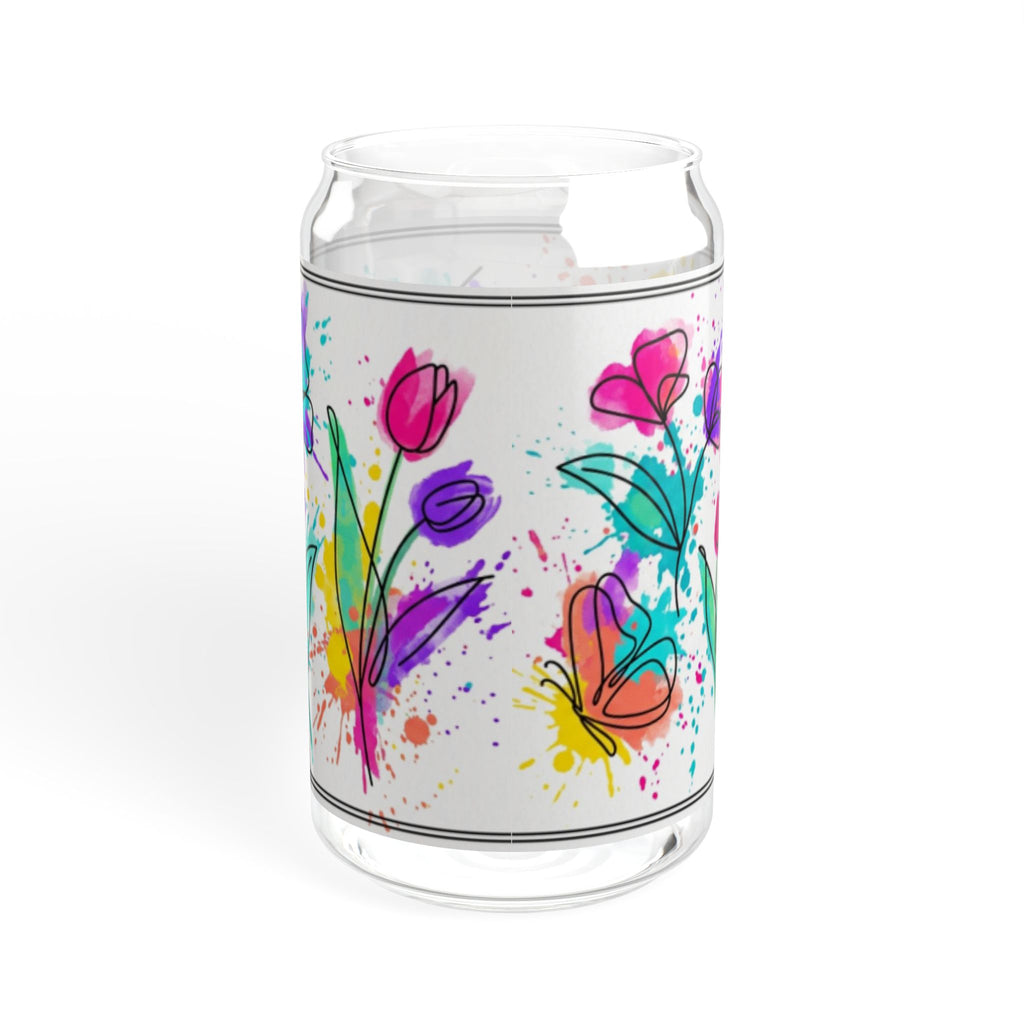 473ml Trinkglas im Dosendesign mit Aquarell-Blumenmuster, Bambusdeckel und Strohhalm