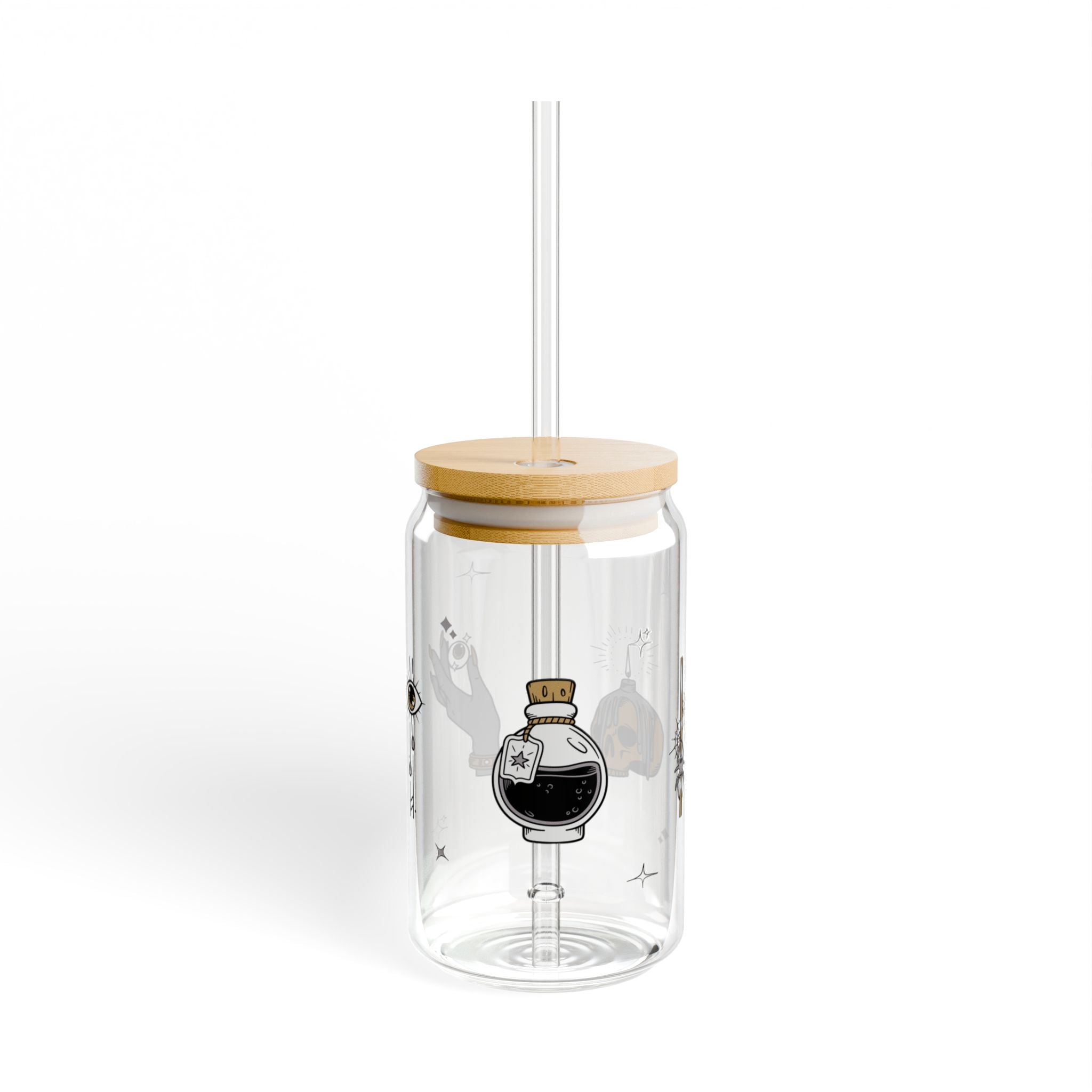 Glasbecher mit Strohhalm & Bambusdeckel „Moonlight Magic“ | 16oz Mystic-Trinkglas