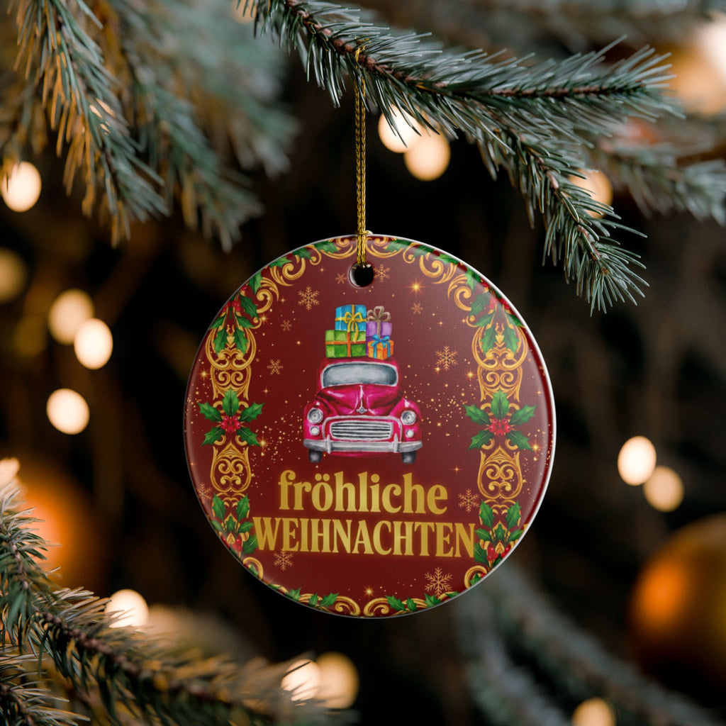 Keramik-Weihnachtskugel „Vintage Roter LKW“ – Nostalgischer Christbaumschmuck mit Golddetails