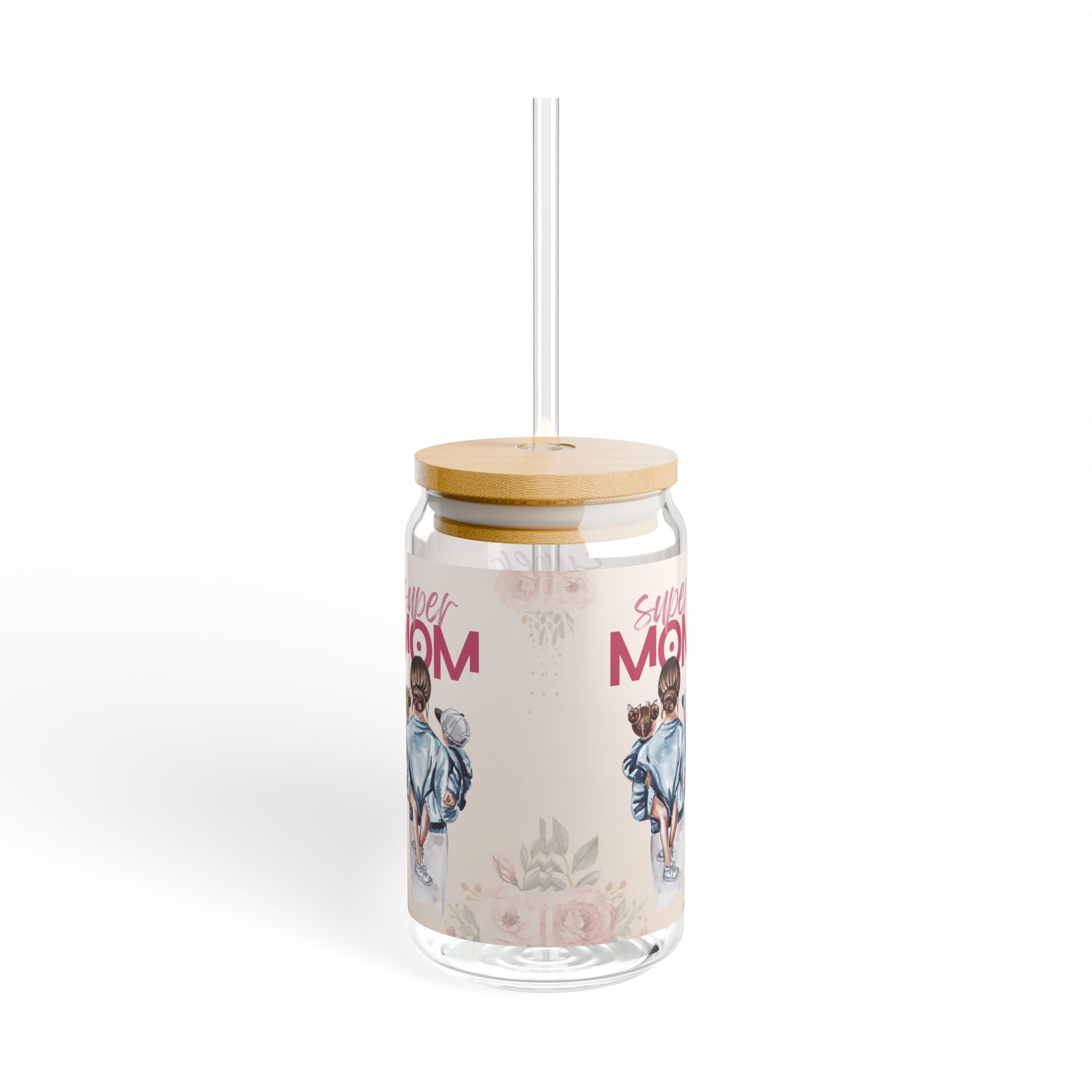 Glasbecher mit Strohhalm & Bambusdeckel „Super Mom“ | 16oz Becher aus gehärtetem Glas