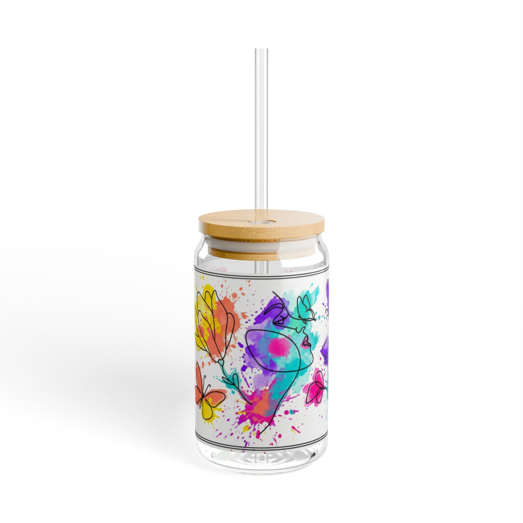 473ml Trinkglas im Dosendesign mit Aquarell-Blumenmuster, Bambusdeckel und Strohhalm