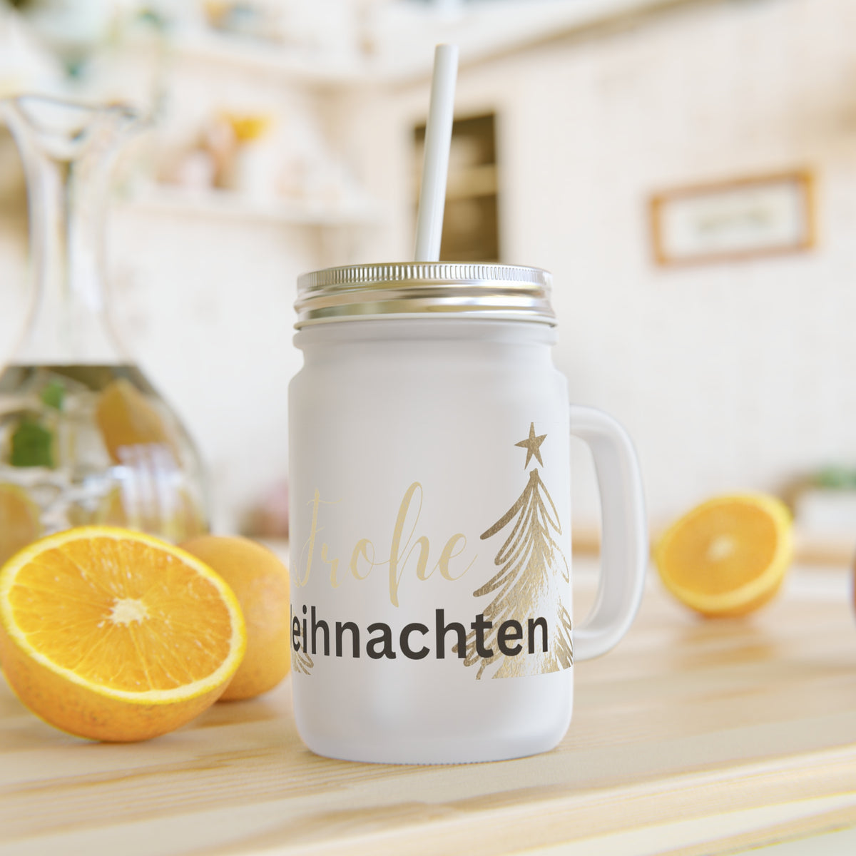 Weihnachtliches Trinkglas mit Deckel & Strohhalm – Mattiertes Festtagsglas