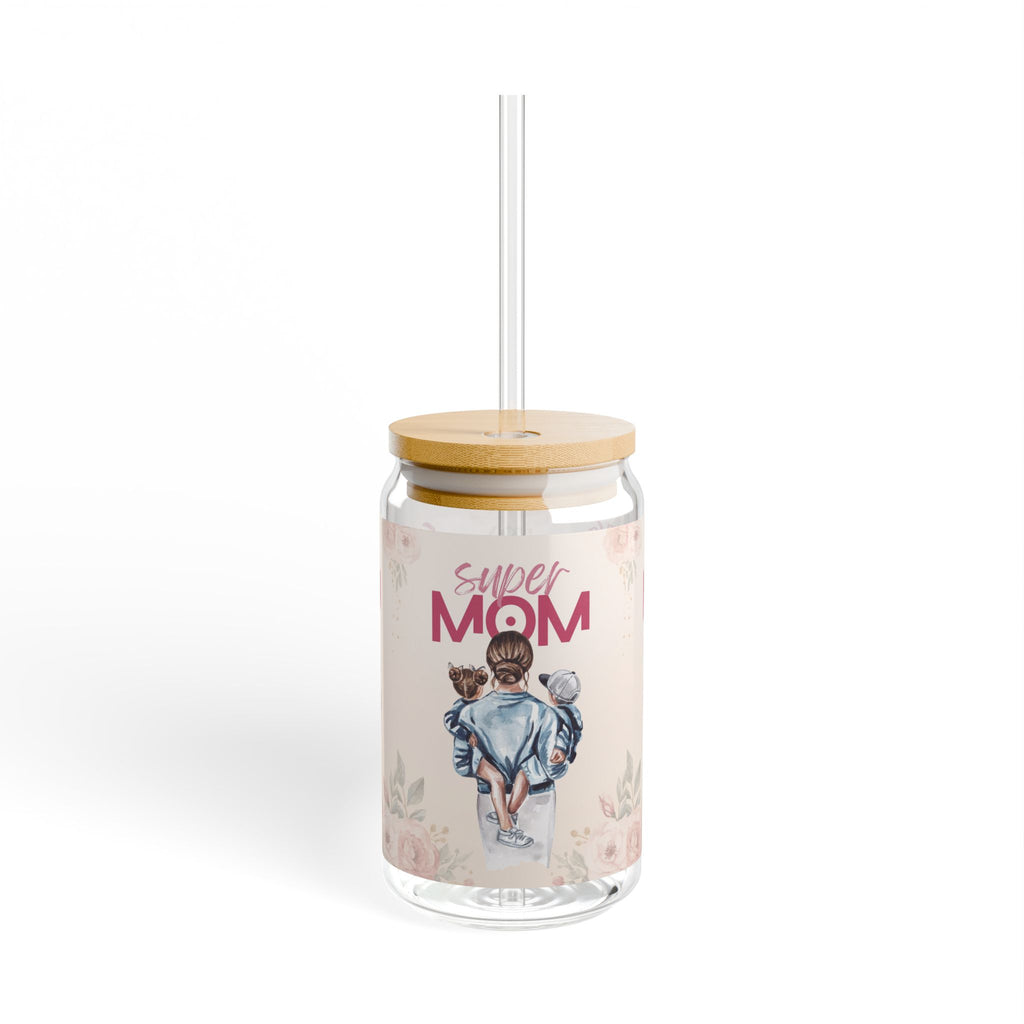 Glasbecher mit Strohhalm & Bambusdeckel „Super Mom“ | 16oz Becher aus gehärtetem Glas