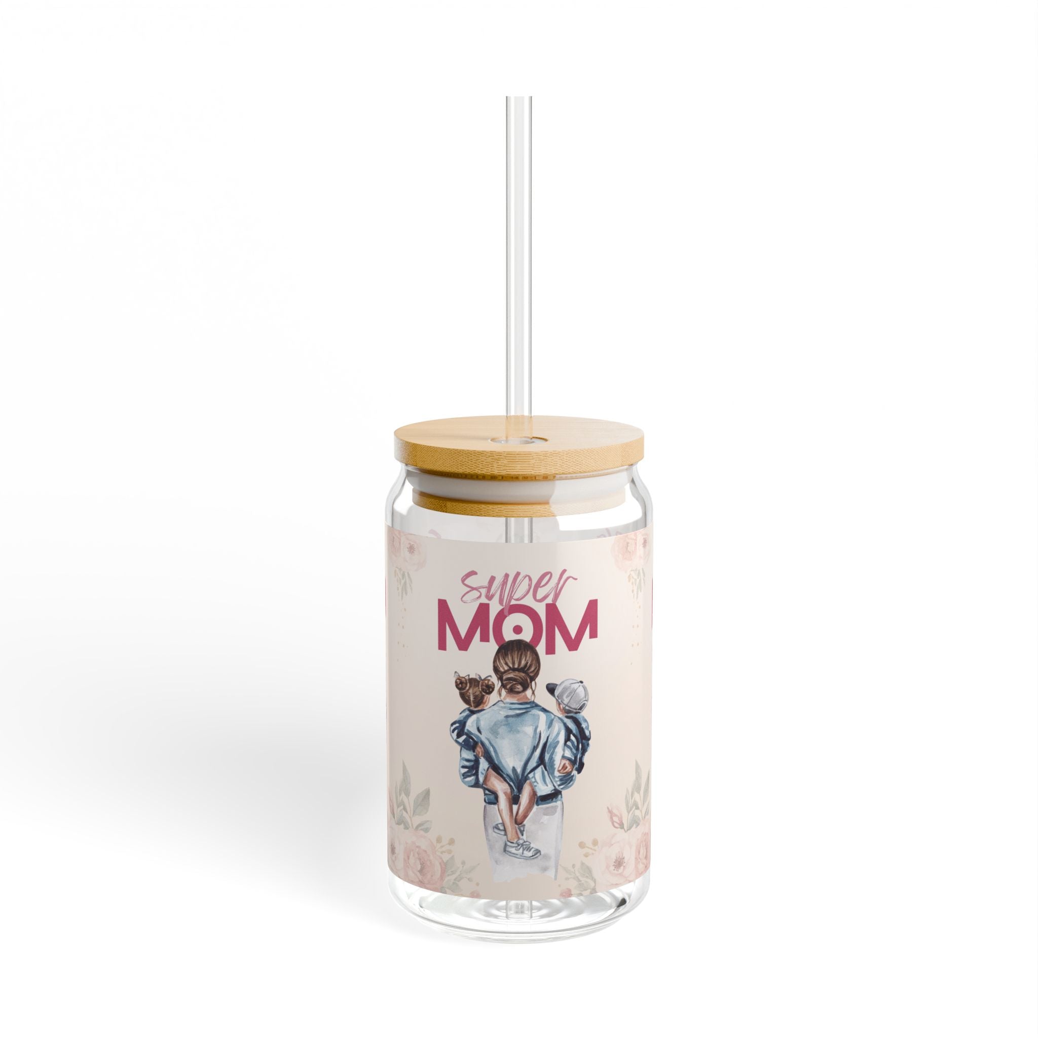 Glasbecher mit Strohhalm & Bambusdeckel „Super Mom“ | 16oz Becher aus gehärtetem Glas