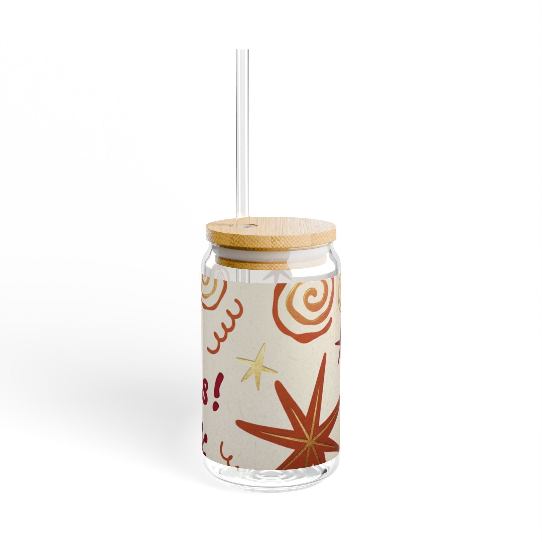 Glasbecher mit Strohhalm & Bambusdeckel „Sterne & Wirbel“ | 16oz Weihnachtsglas