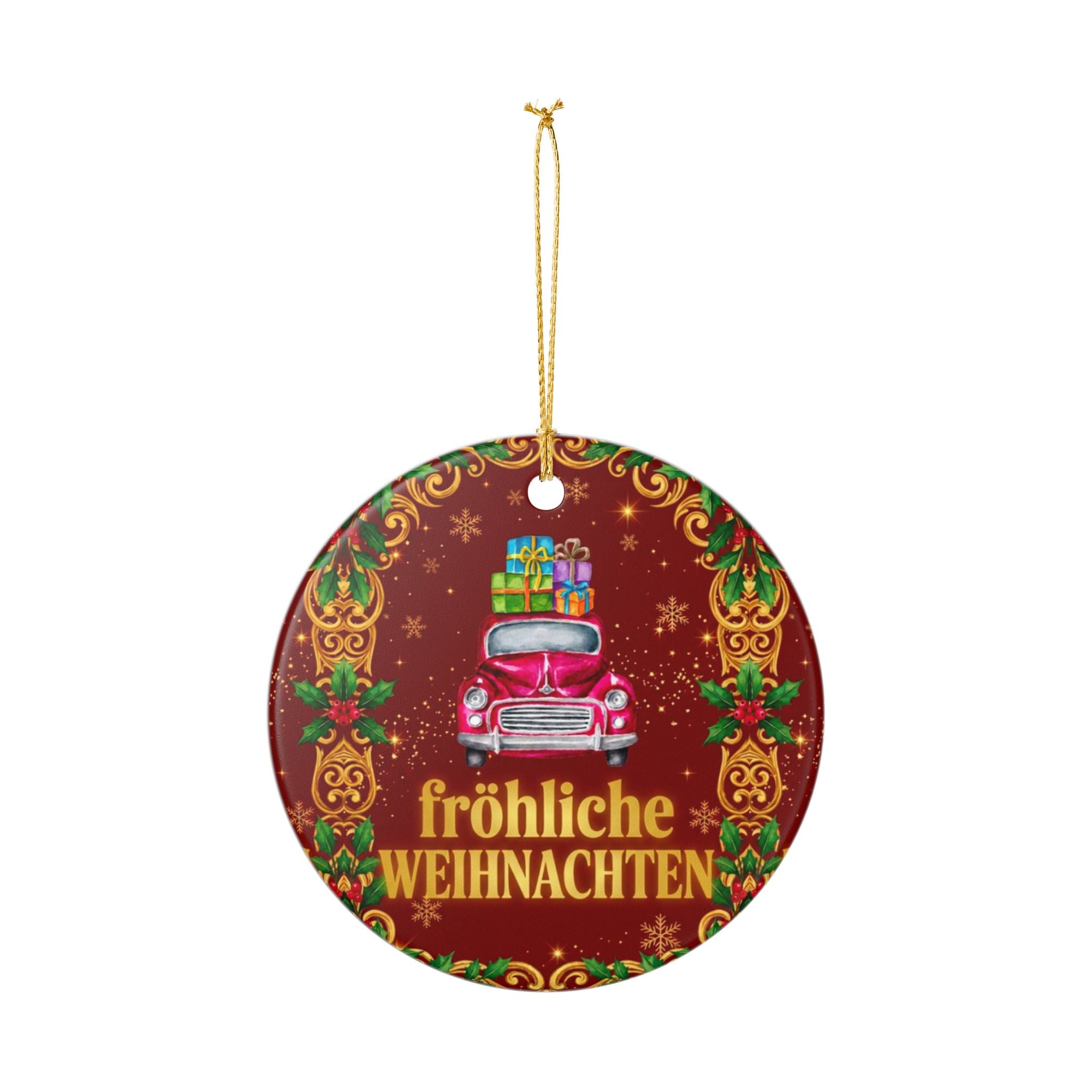Keramik-Weihnachtskugel „Vintage Roter LKW“ – Nostalgischer Christbaumschmuck mit Golddetails
