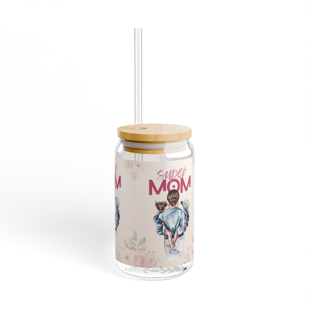 Glasbecher mit Strohhalm & Bambusdeckel „Super Mom“ | 16oz Becher aus gehärtetem Glas