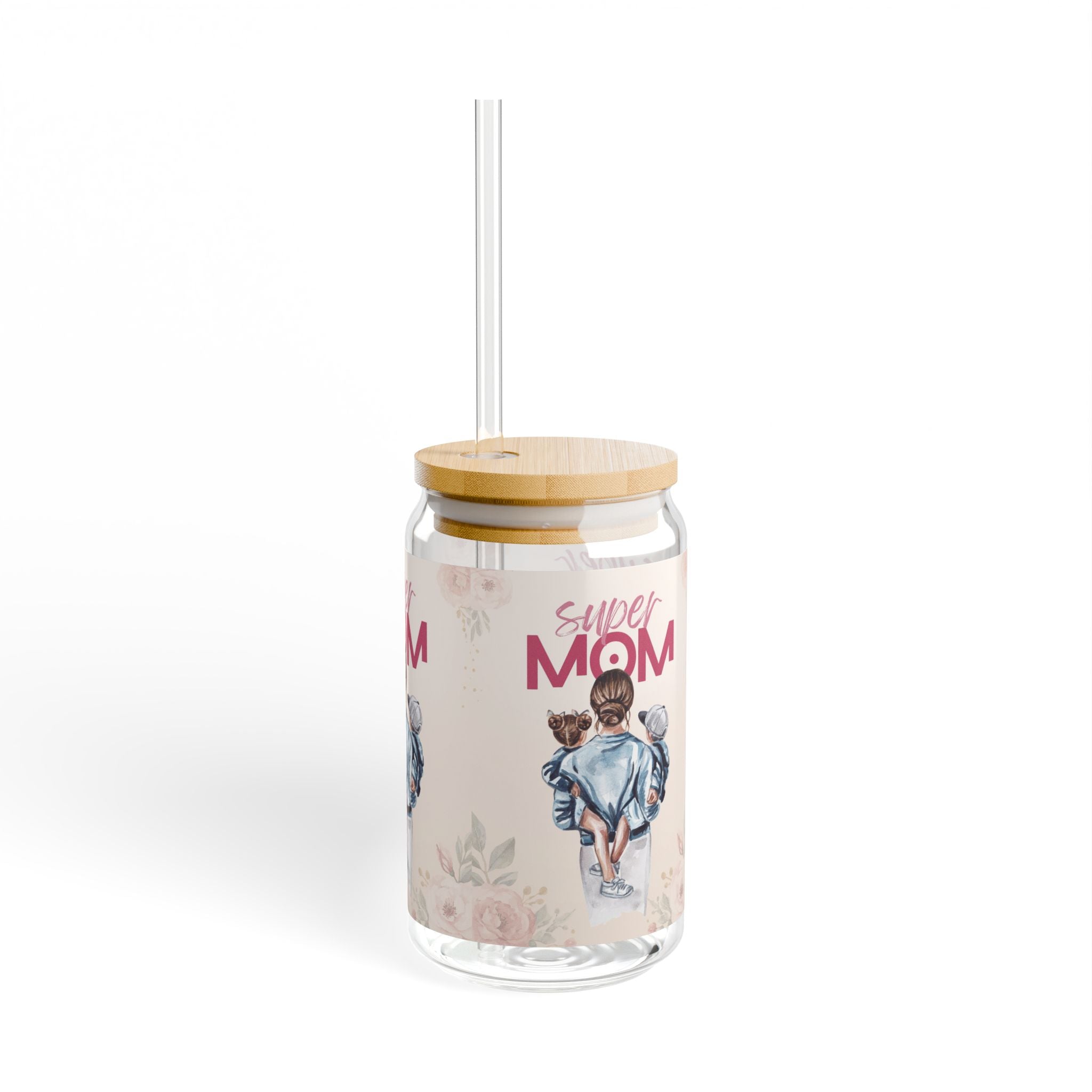Glasbecher mit Strohhalm & Bambusdeckel „Super Mom“ | 16oz Becher aus gehärtetem Glas