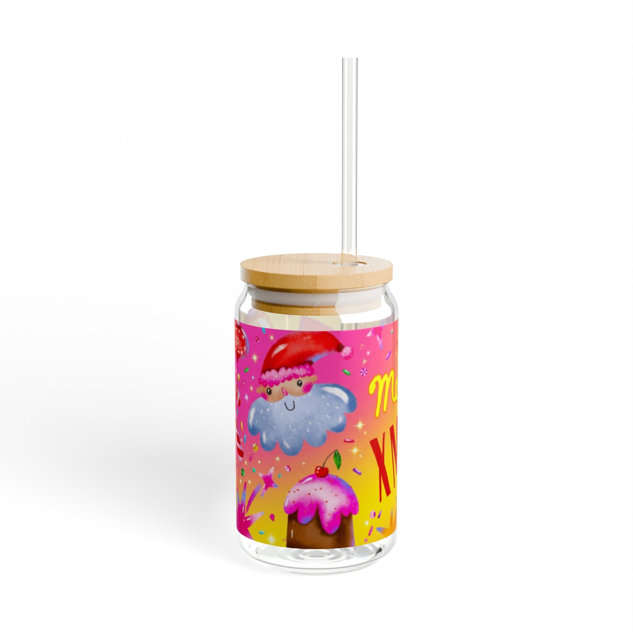 Glasbecher mit Strohhalm & Bambusdeckel „Frohe Weihnachten“ | 16oz Weihnachtsglas