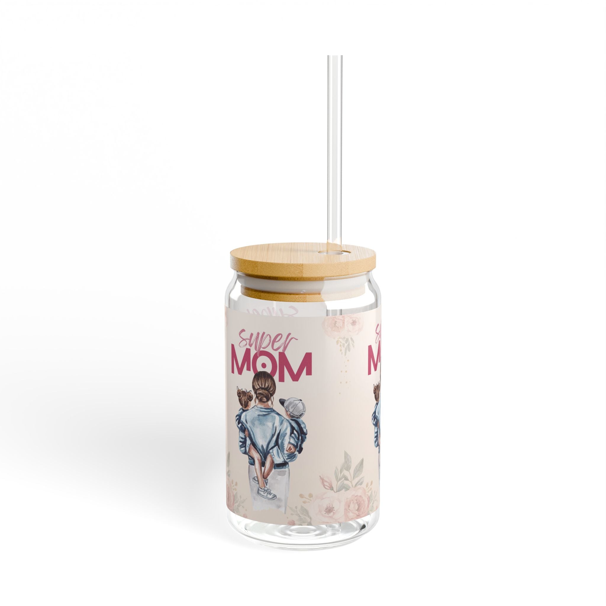 Glasbecher mit Strohhalm & Bambusdeckel „Super Mom“ | 16oz Becher aus gehärtetem Glas