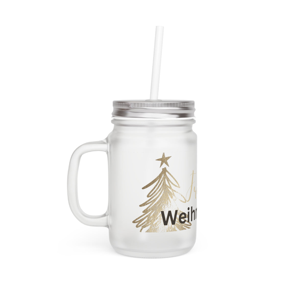 Weihnachtliches Trinkglas mit Deckel & Strohhalm – Mattiertes Festtagsglas