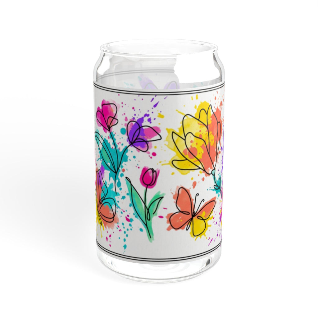 473ml Trinkglas im Dosendesign mit Aquarell-Blumenmuster, Bambusdeckel und Strohhalm
