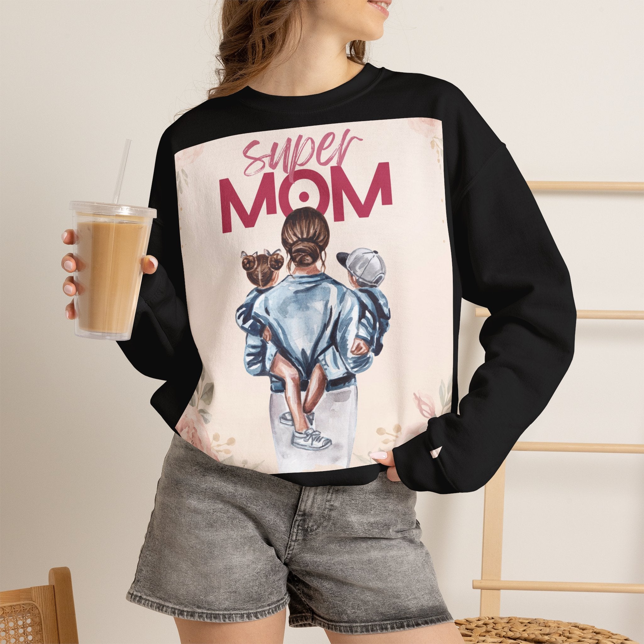 Unisex Sweatshirt „Super Mom“ | Gemütlicher Pullover mit Blumen-Illustration