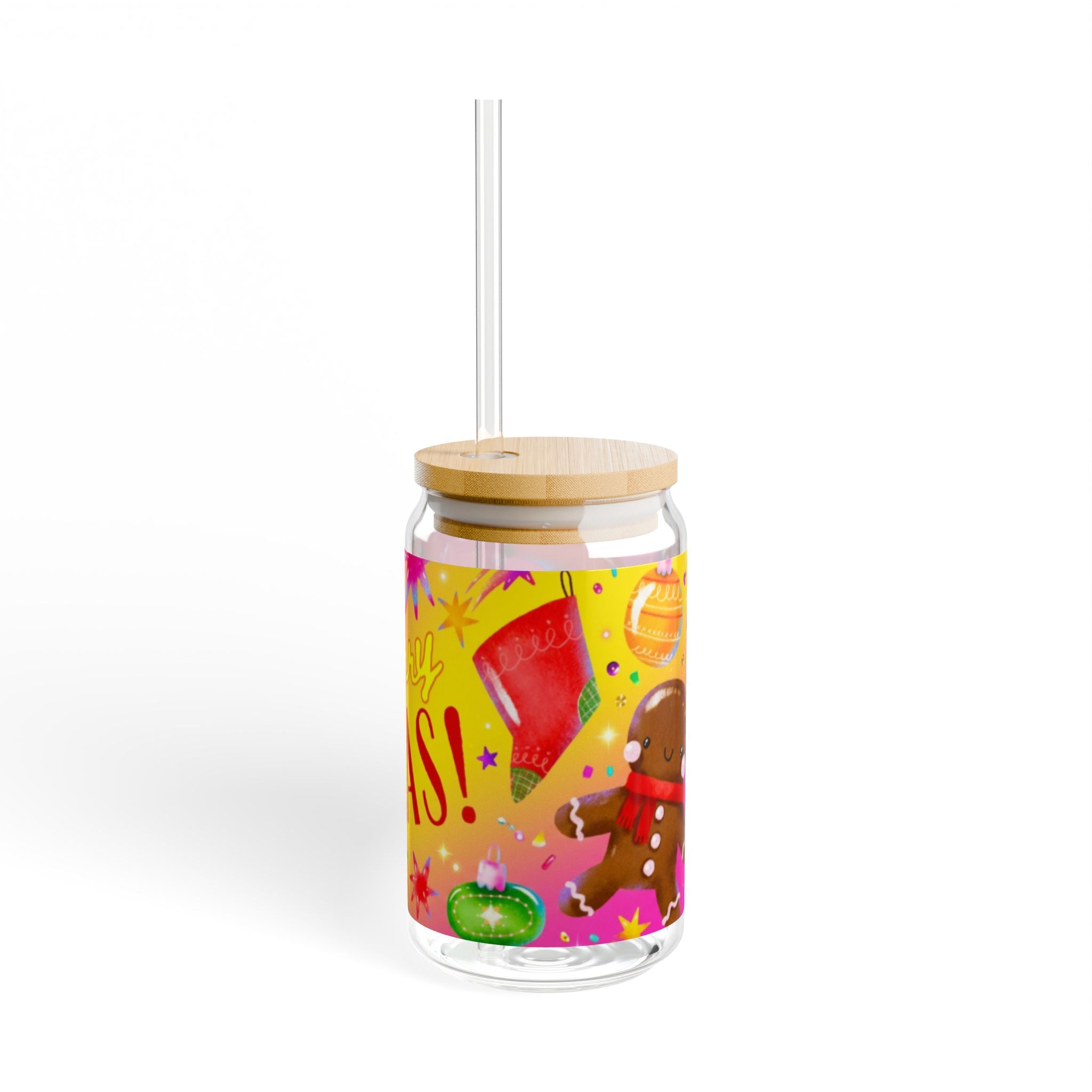 Glasbecher mit Strohhalm & Bambusdeckel „Frohe Weihnachten“ | 16oz Weihnachtsglas