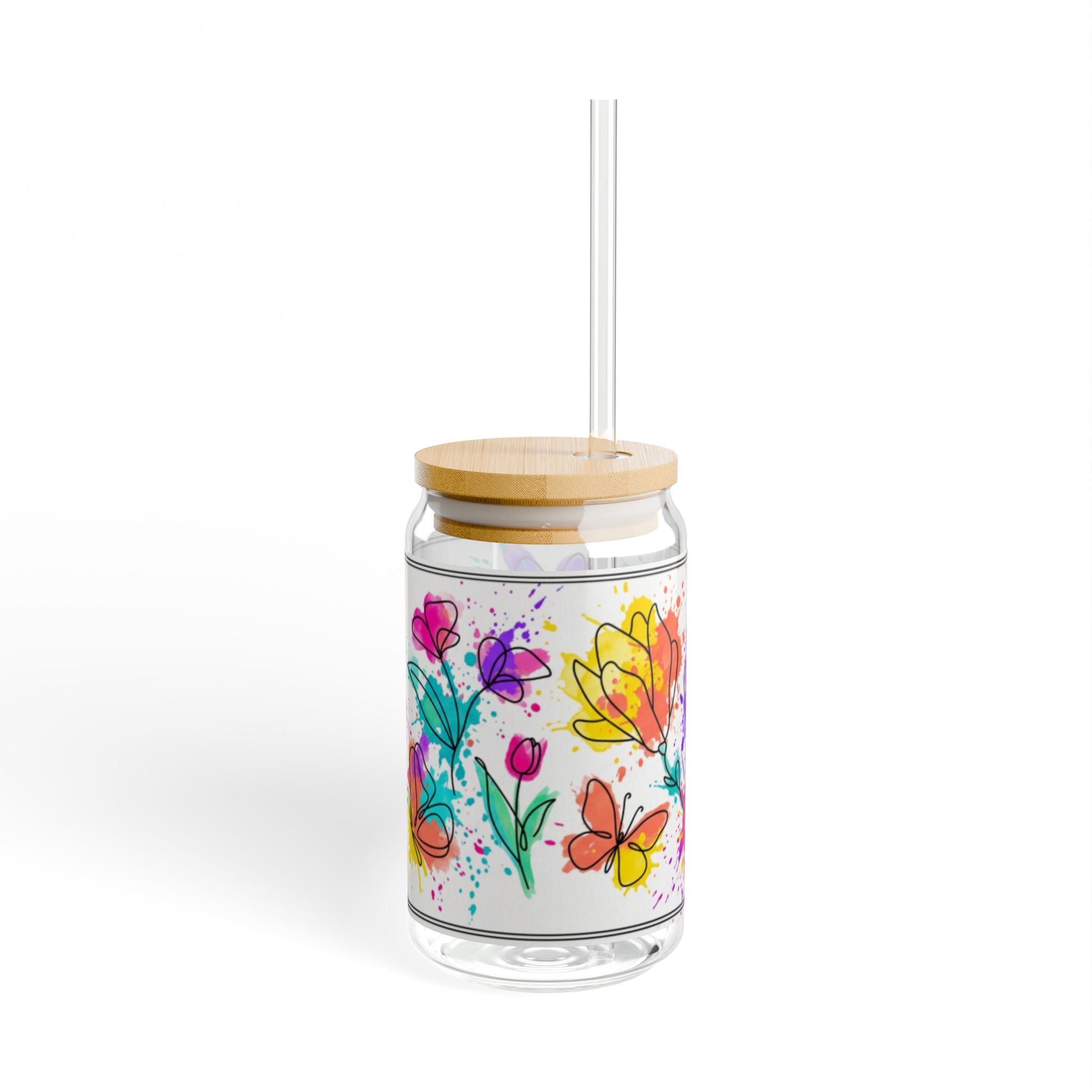 473ml Trinkglas im Dosendesign mit Aquarell-Blumenmuster, Bambusdeckel und Strohhalm