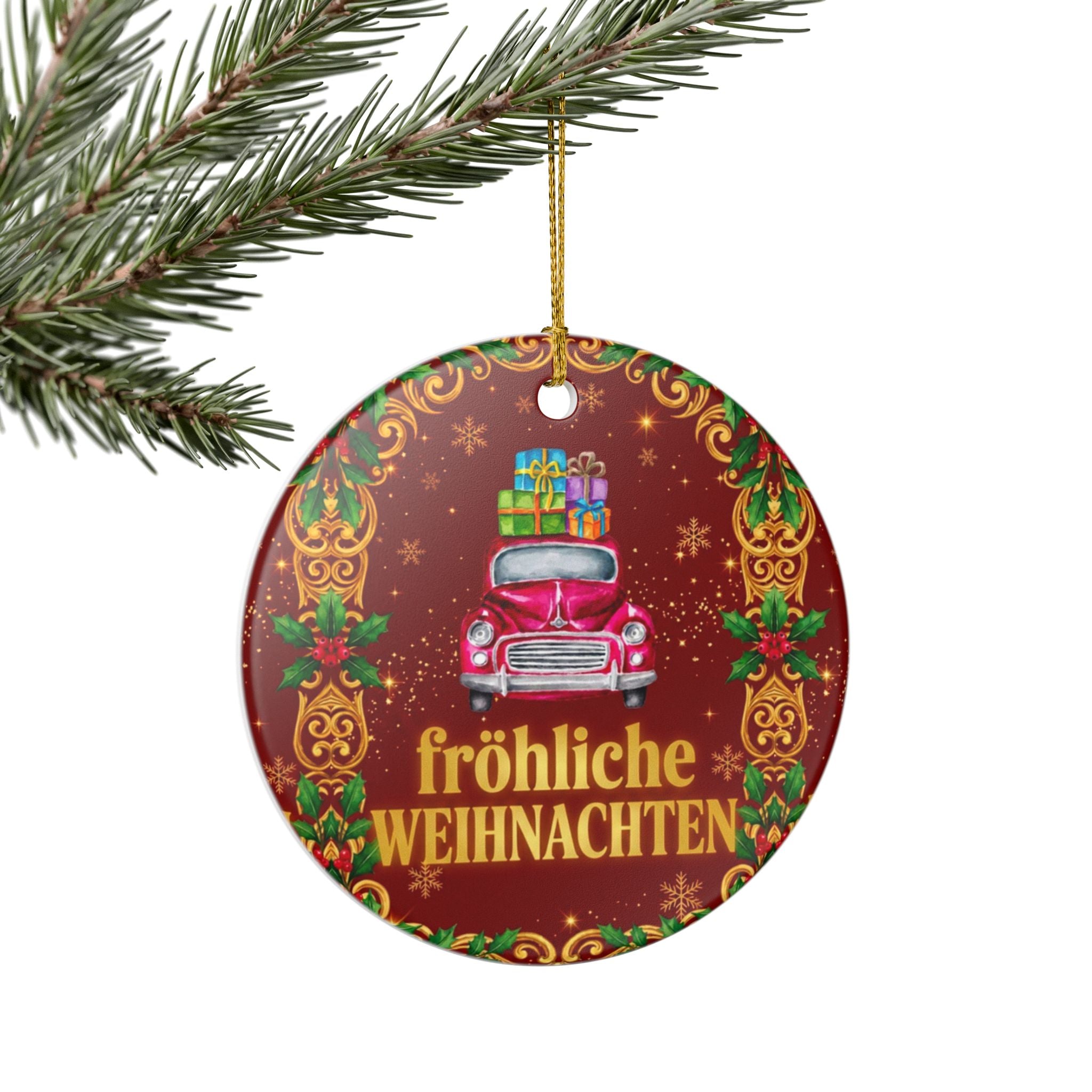 Keramik-Weihnachtskugel „Vintage Roter LKW“ – Nostalgischer Christbaumschmuck mit Golddetails