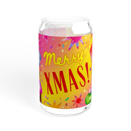 Glasbecher mit Strohhalm & Bambusdeckel „Frohe Weihnachten“ | 16oz Weihnachtsglas