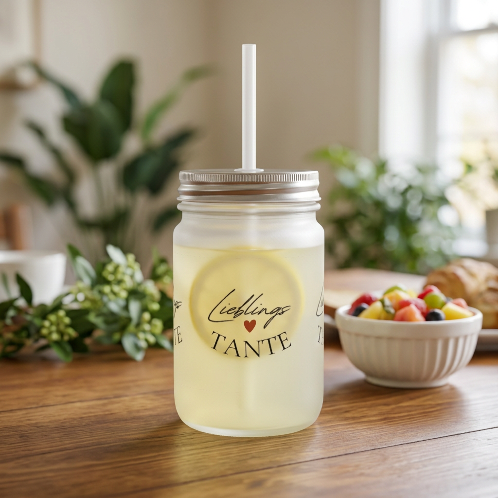 Lieblings-Tante Mason Jar | Trinkglas mit Strohhalm, Herz-Design für Tanten
