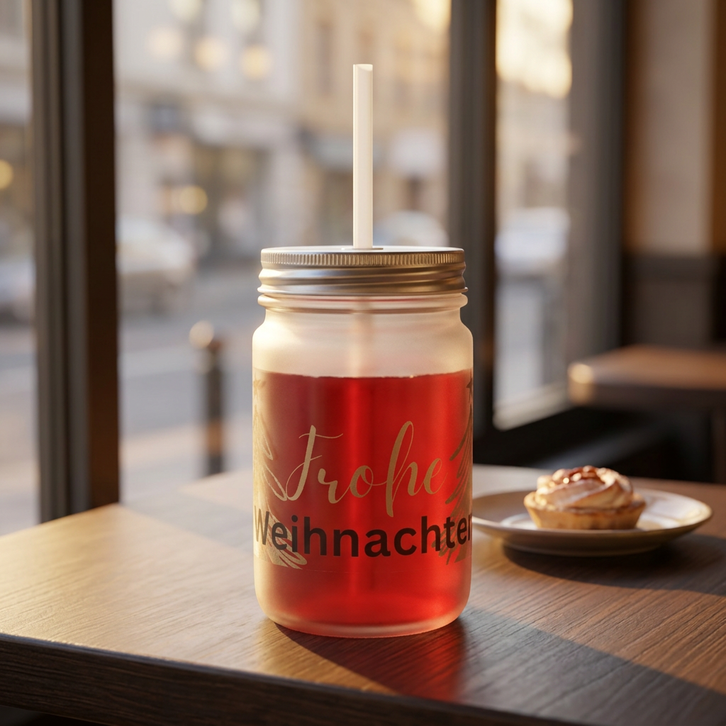 Weihnachtliches Trinkglas mit Deckel & Strohhalm – Mattiertes Festtagsglas