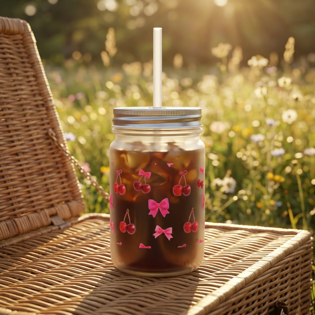 Mattiertes Trinkglas – Kirschen & Rosa Schleife