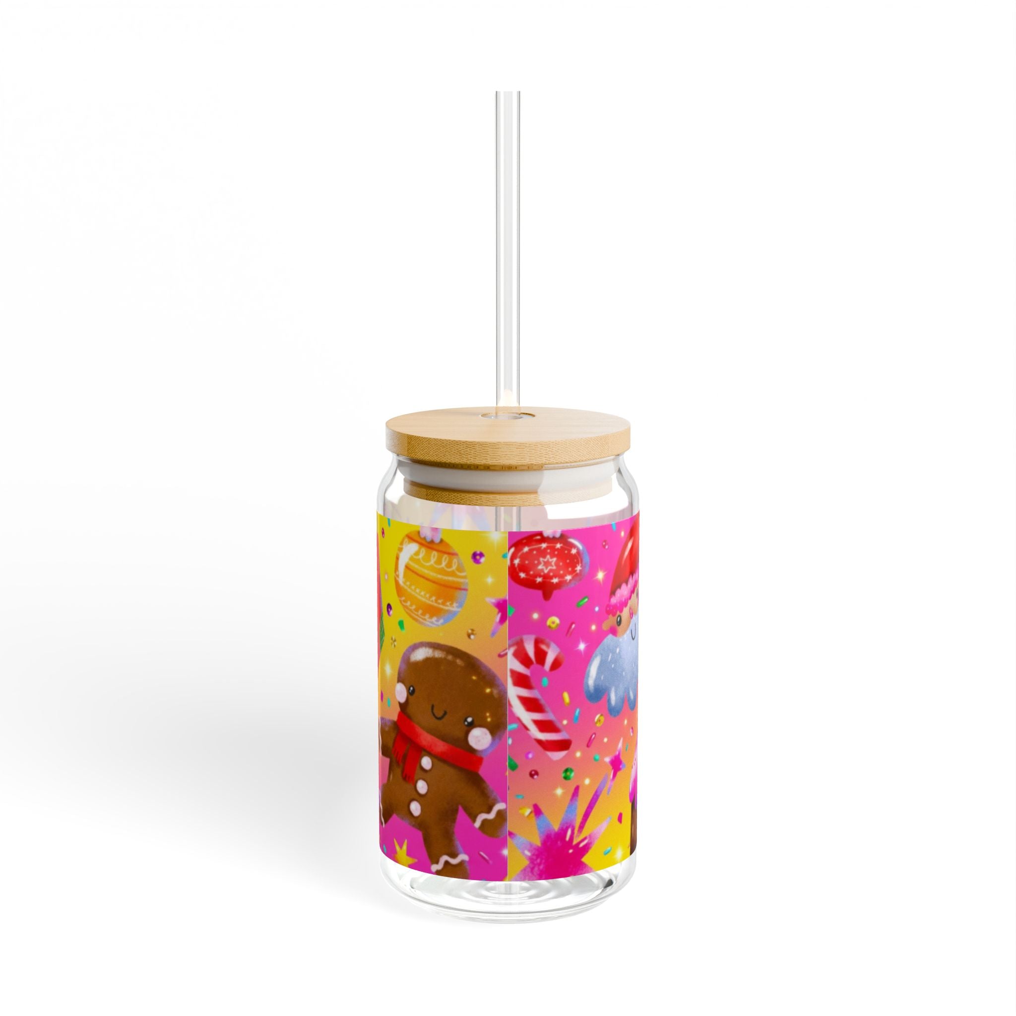 Glasbecher mit Strohhalm & Bambusdeckel „Frohe Weihnachten“ | 16oz Weihnachtsglas