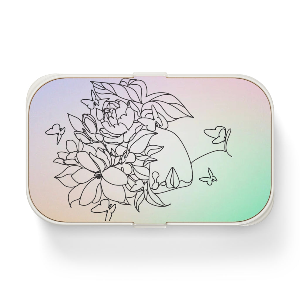 Florale Bento-Brotdose mit Blüten-Umrisslinien und Pastell-Farbverlauf im Pfingstrosen-Design