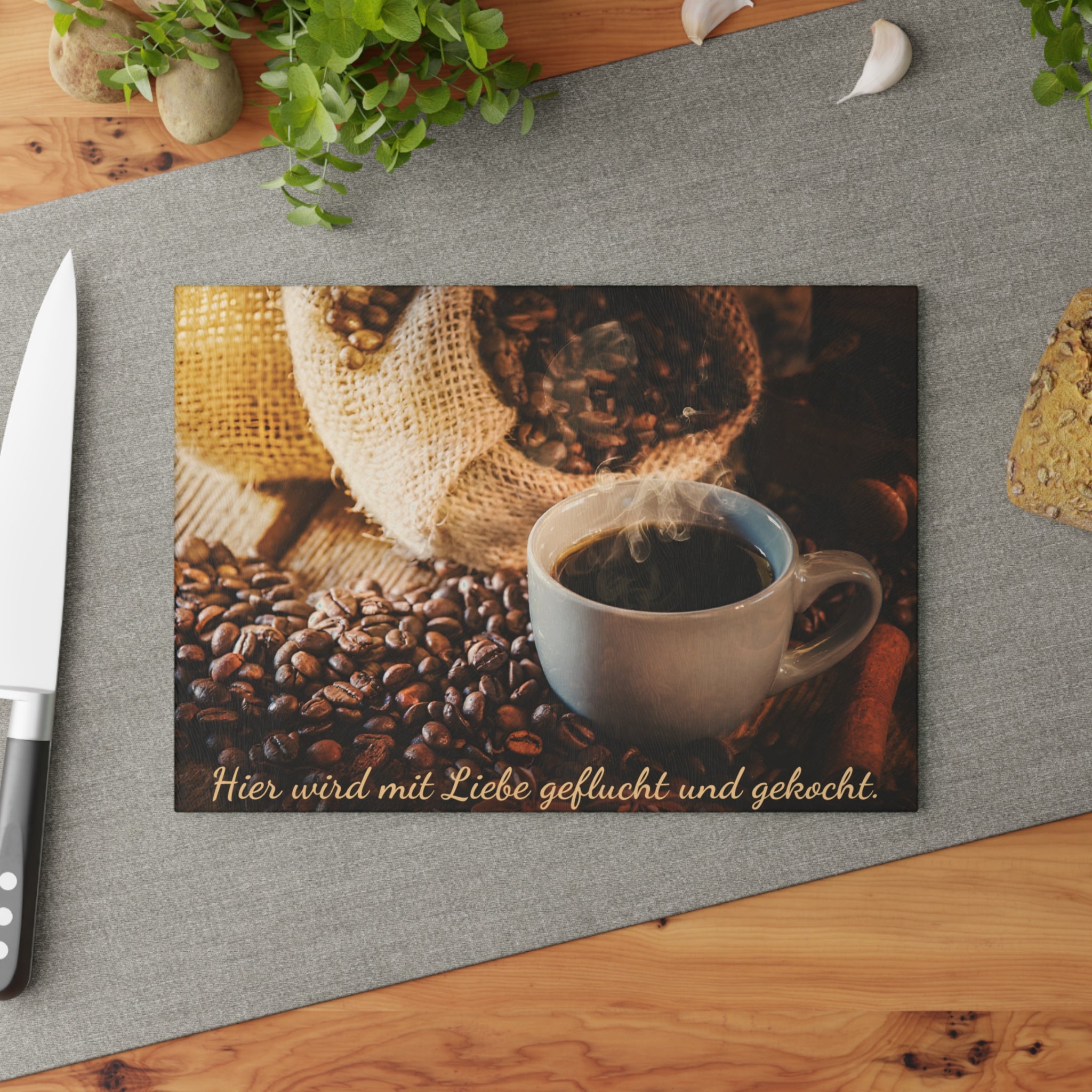 Geschenk für Kaffeeliebhaber Glas Schneidebrett | Deko Kaffeeecke, Servierplatte Kaffeehaus Design, Frühstücksbrettchen Glas