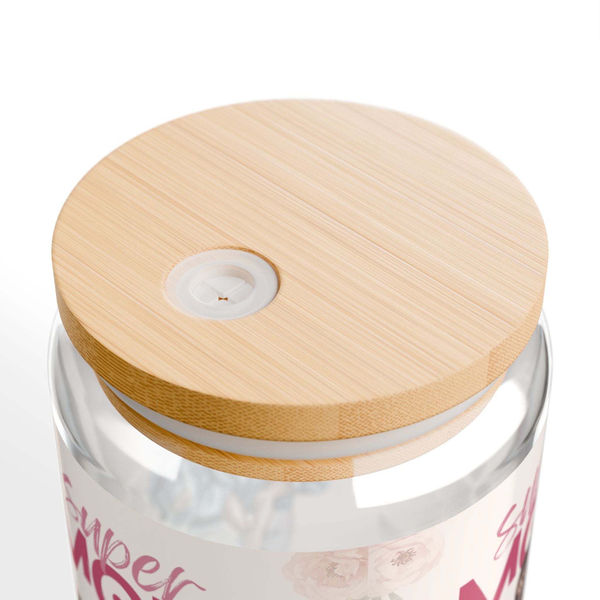 Glasbecher mit Strohhalm & Bambusdeckel „Super Mom“ | 16oz Becher aus gehärtetem Glas
