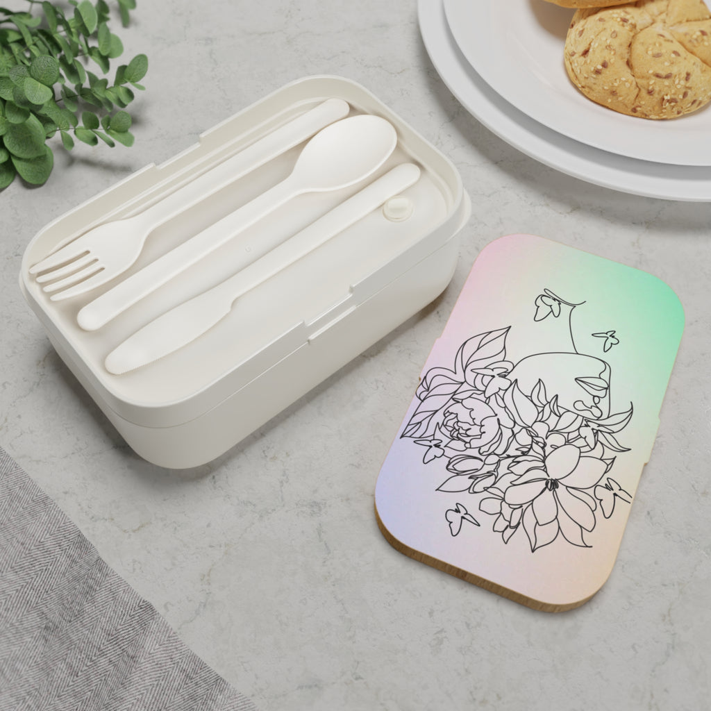 Florale Bento-Brotdose mit Blüten-Umrisslinien und Pastell-Farbverlauf im Pfingstrosen-Design