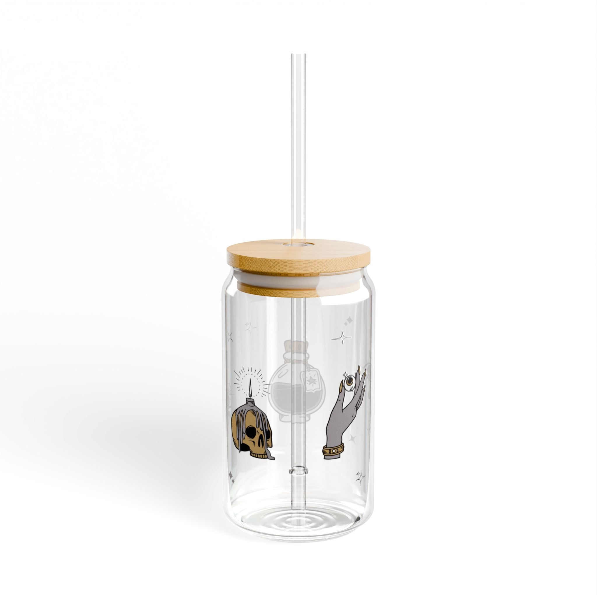 Glasbecher mit Strohhalm & Bambusdeckel „Moonlight Magic“ | 16oz Mystic-Trinkglas
