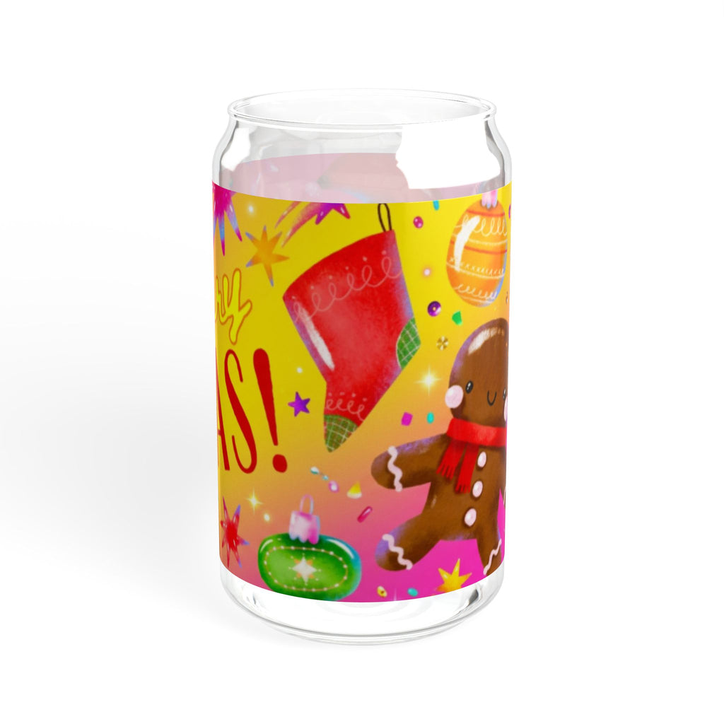 Glasbecher mit Strohhalm & Bambusdeckel „Frohe Weihnachten“ | 16oz Weihnachtsglas