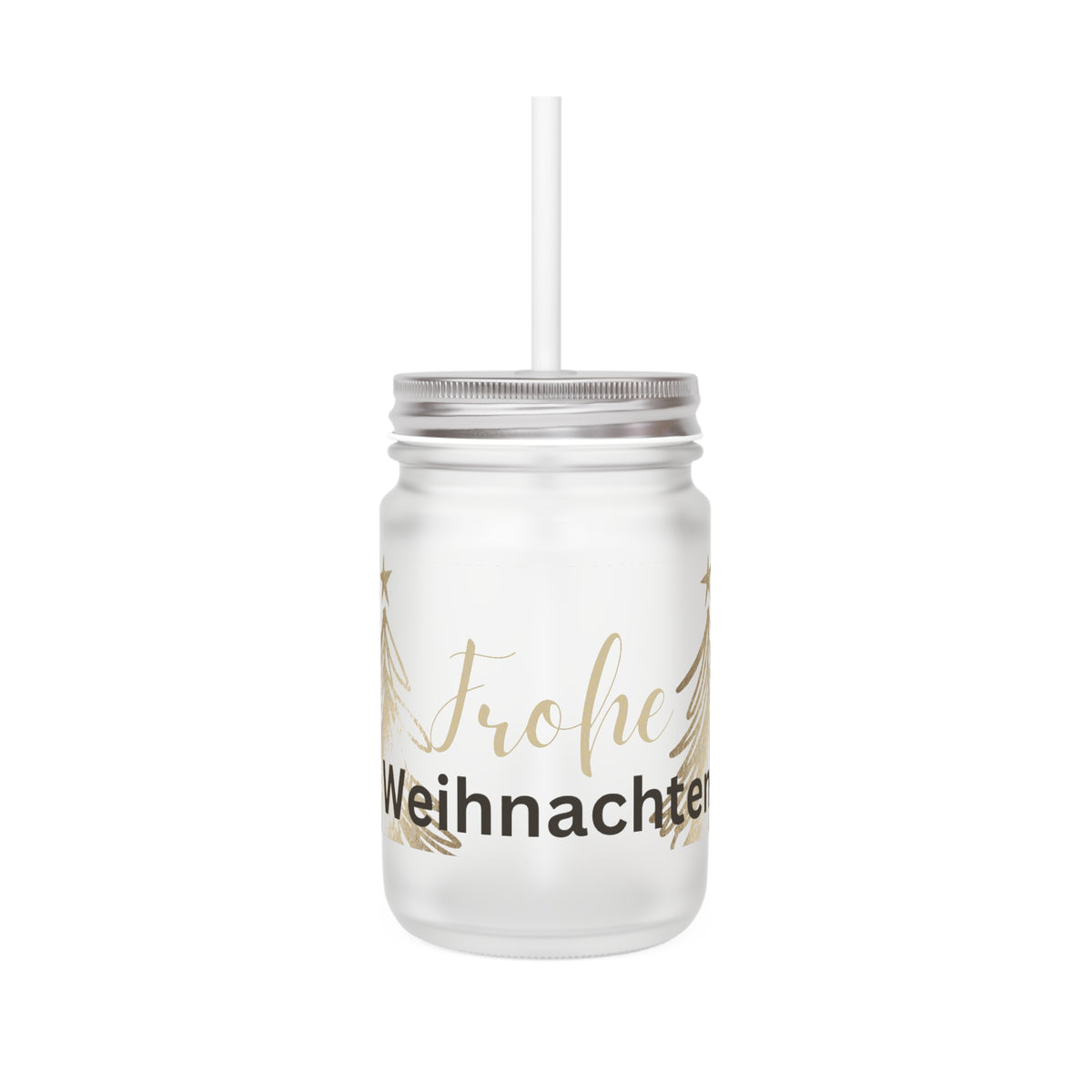 Weihnachtliches Trinkglas mit Deckel & Strohhalm – Mattiertes Festtagsglas