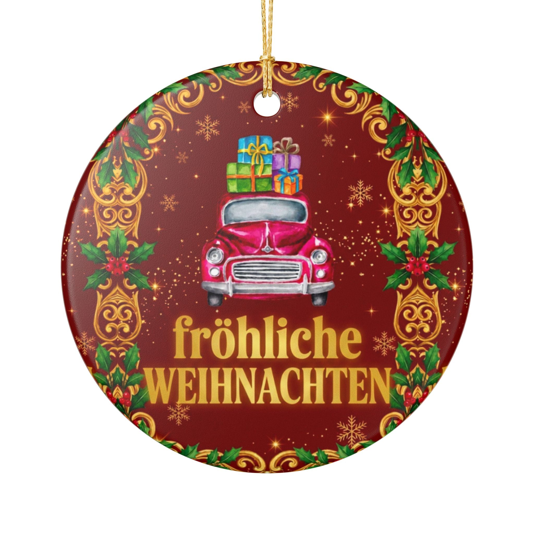 Keramik-Weihnachtskugel „Vintage Roter LKW“ – Nostalgischer Christbaumschmuck mit Golddetails