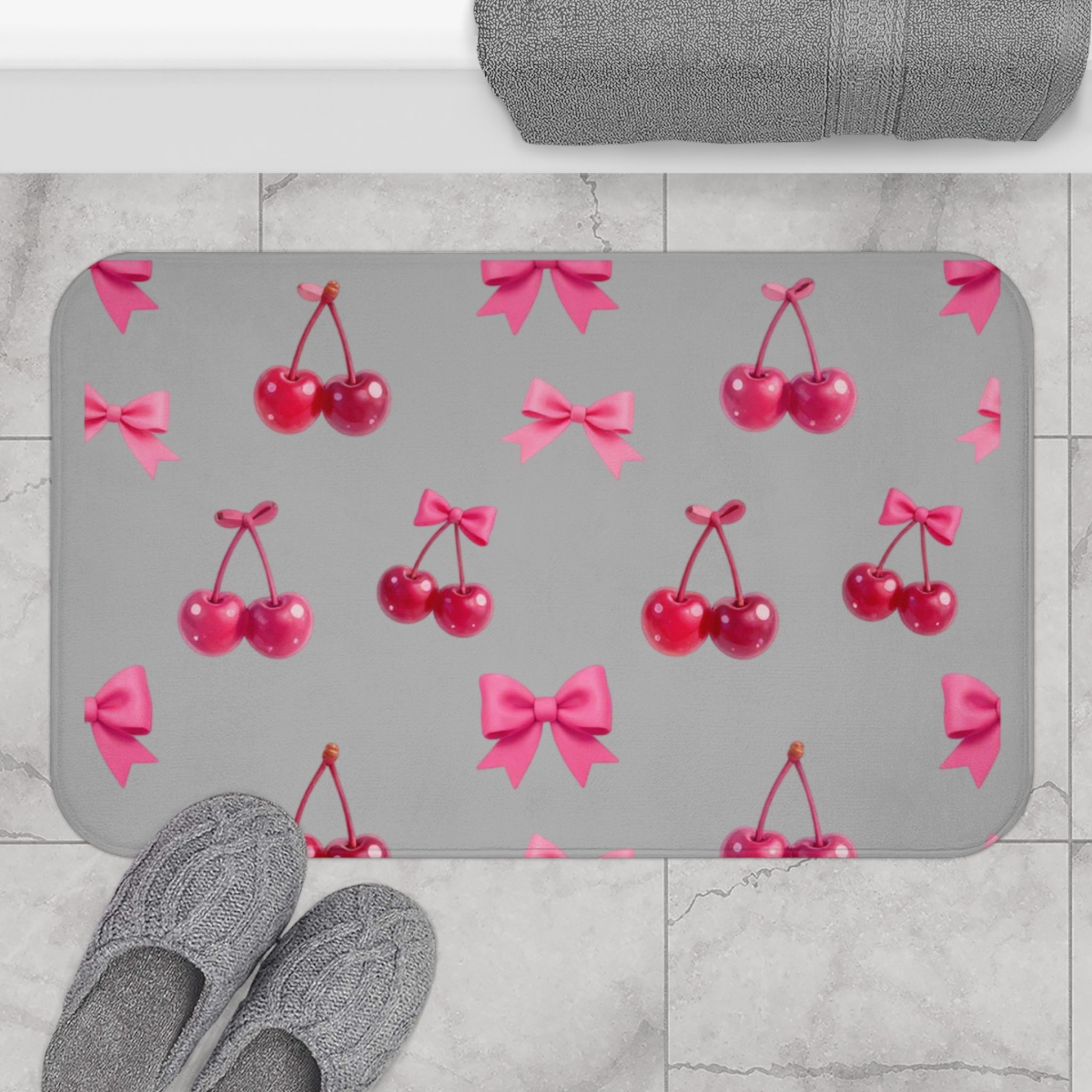 Cherry Bow Badematte — Rosa Kirschen-Muster Badezimmerteppich