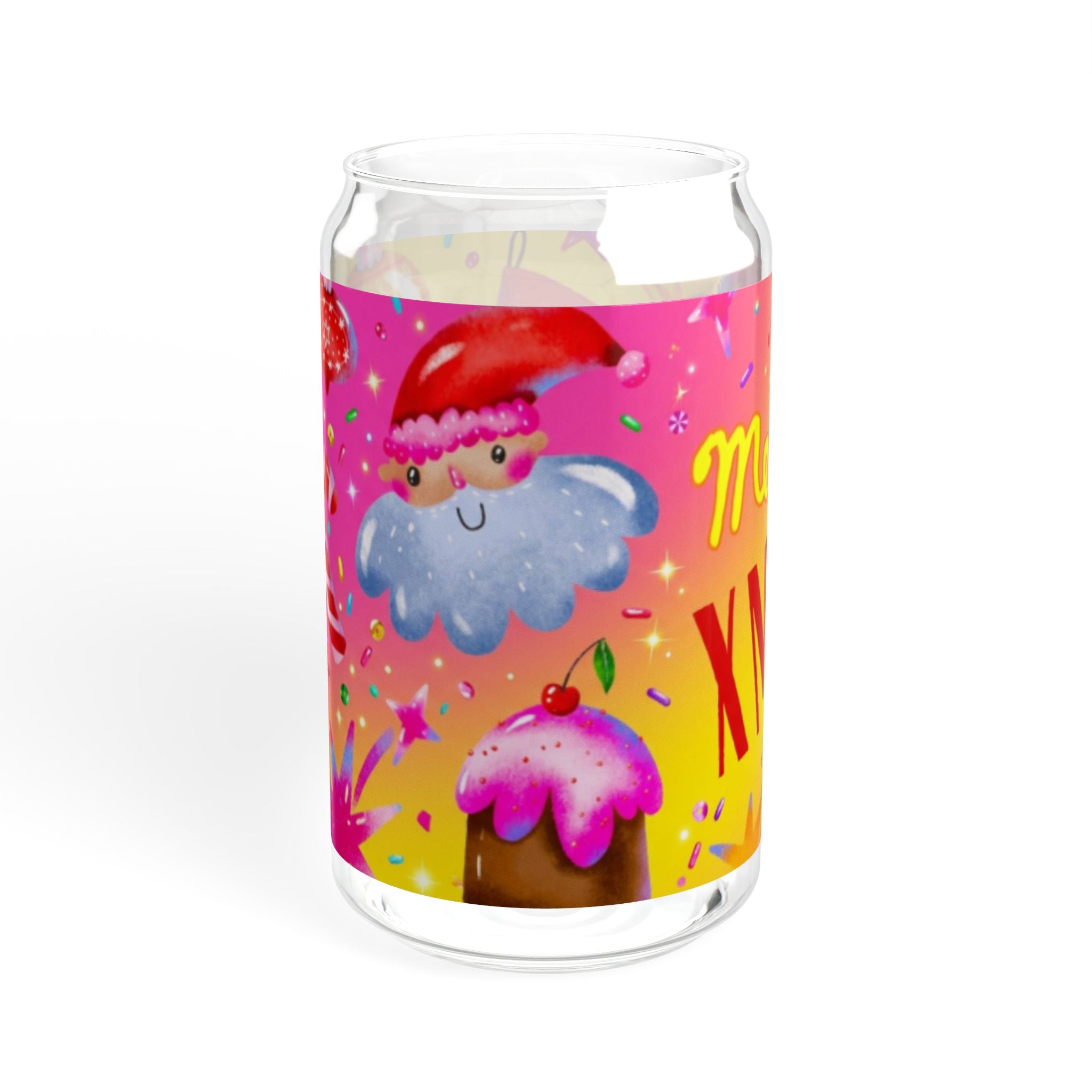 Glasbecher mit Strohhalm & Bambusdeckel „Frohe Weihnachten“ | 16oz Weihnachtsglas