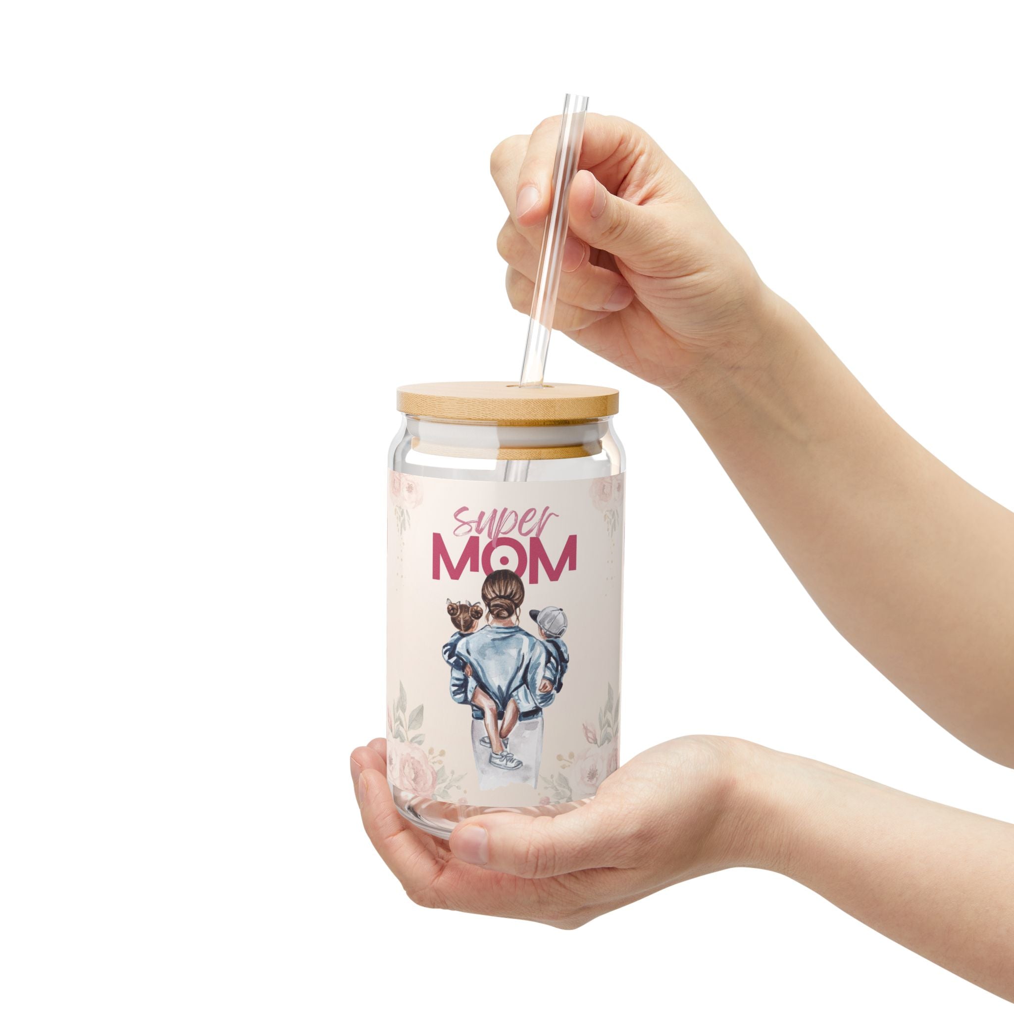 Glasbecher mit Strohhalm & Bambusdeckel „Super Mom“ | 16oz Becher aus gehärtetem Glas
