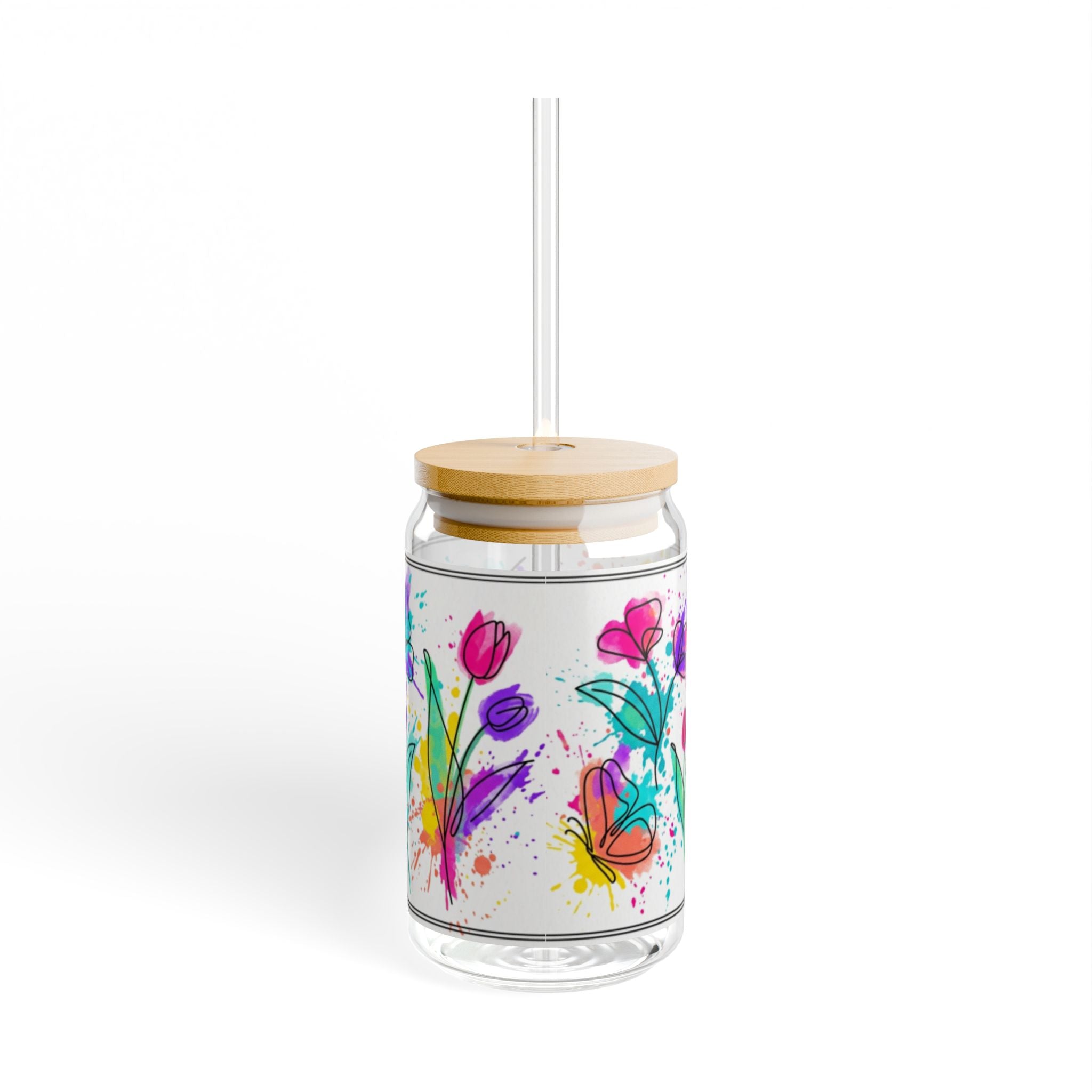 473ml Trinkglas im Dosendesign mit Aquarell-Blumenmuster, Bambusdeckel und Strohhalm
