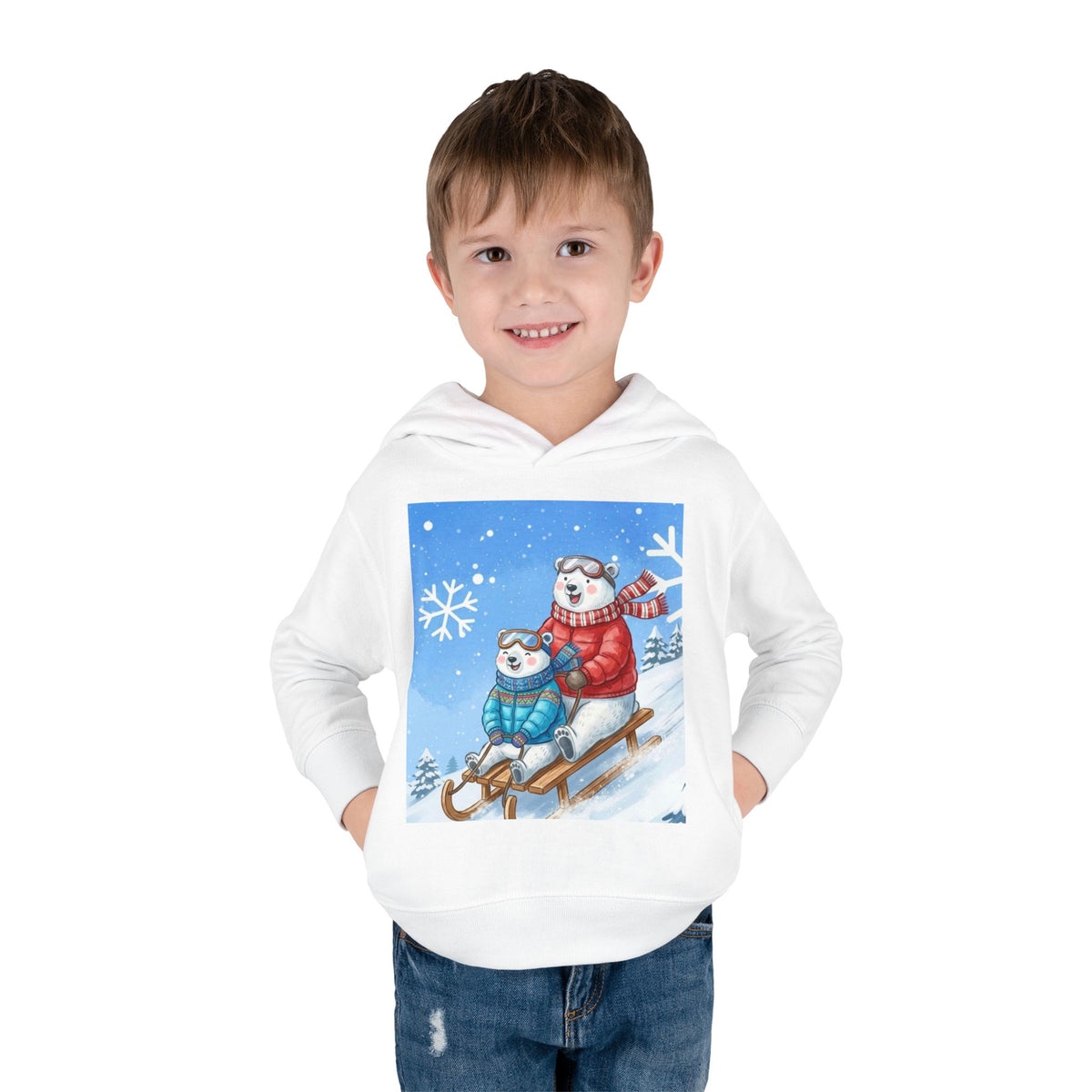Kinder Fleece-Kapuzenpullover „Schlittenspaß mit Weihnachtsmann“ – Premium Qualität