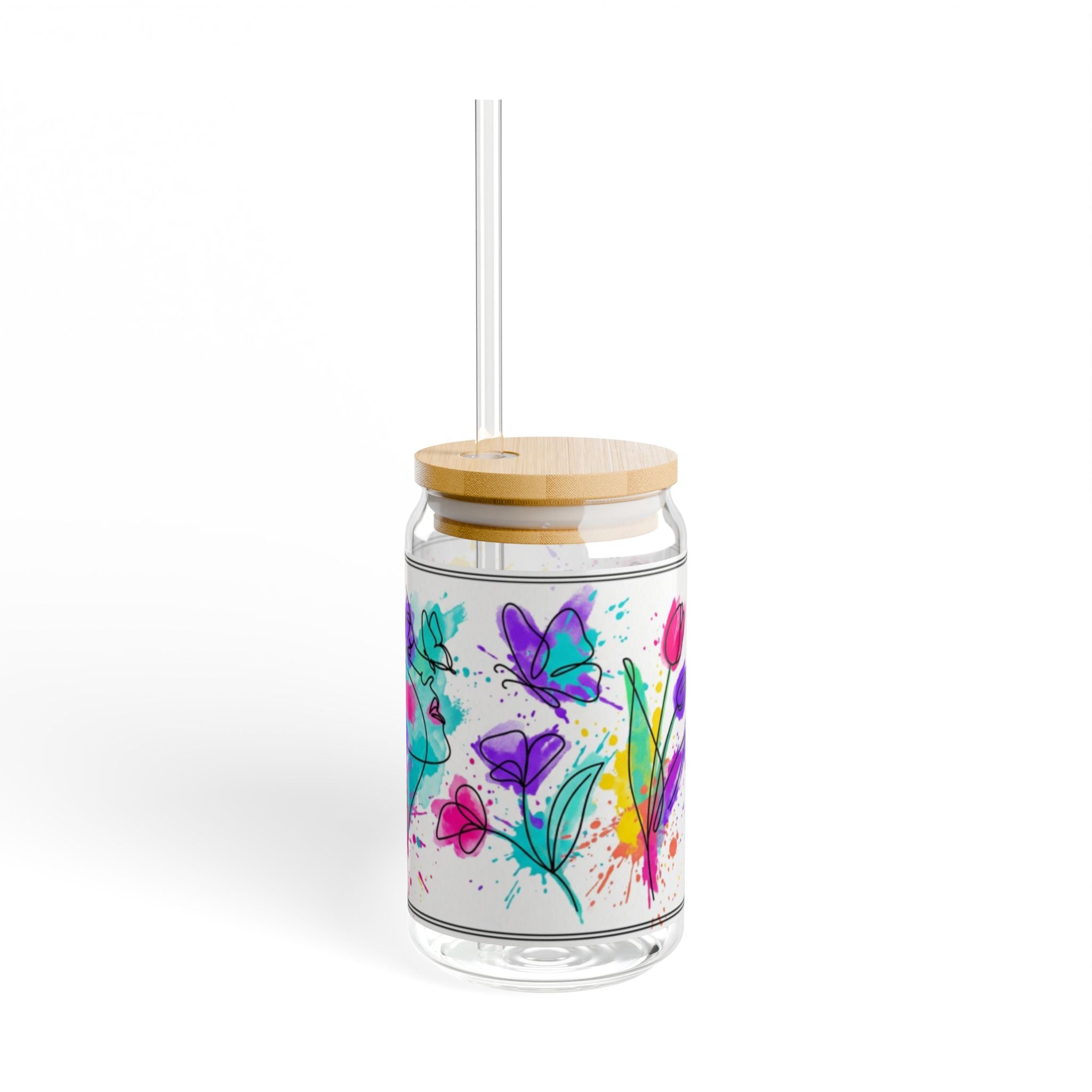 473ml Trinkglas im Dosendesign mit Aquarell-Blumenmuster, Bambusdeckel und Strohhalm