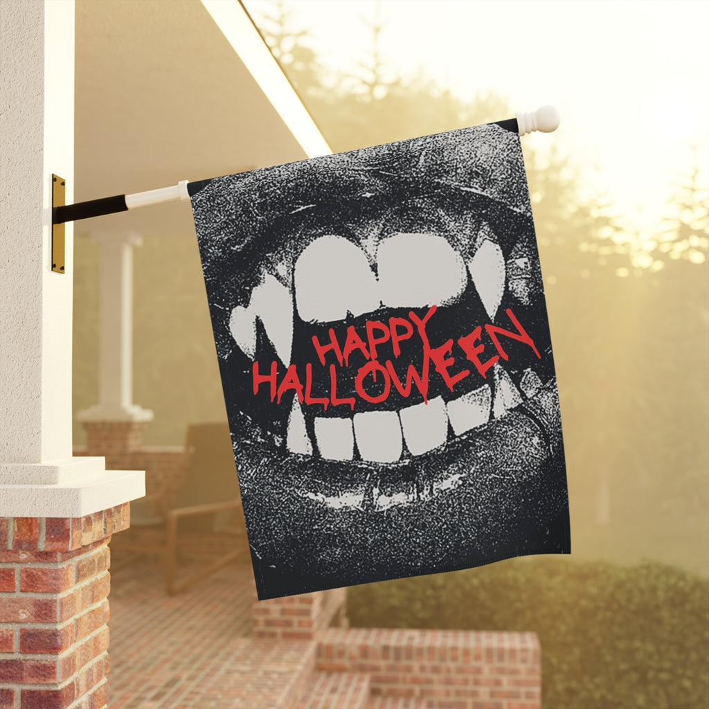 Happy Halloween“ Garten- & Hausbanner mit Vampirzähnen | Gruselige Halloween Flagge