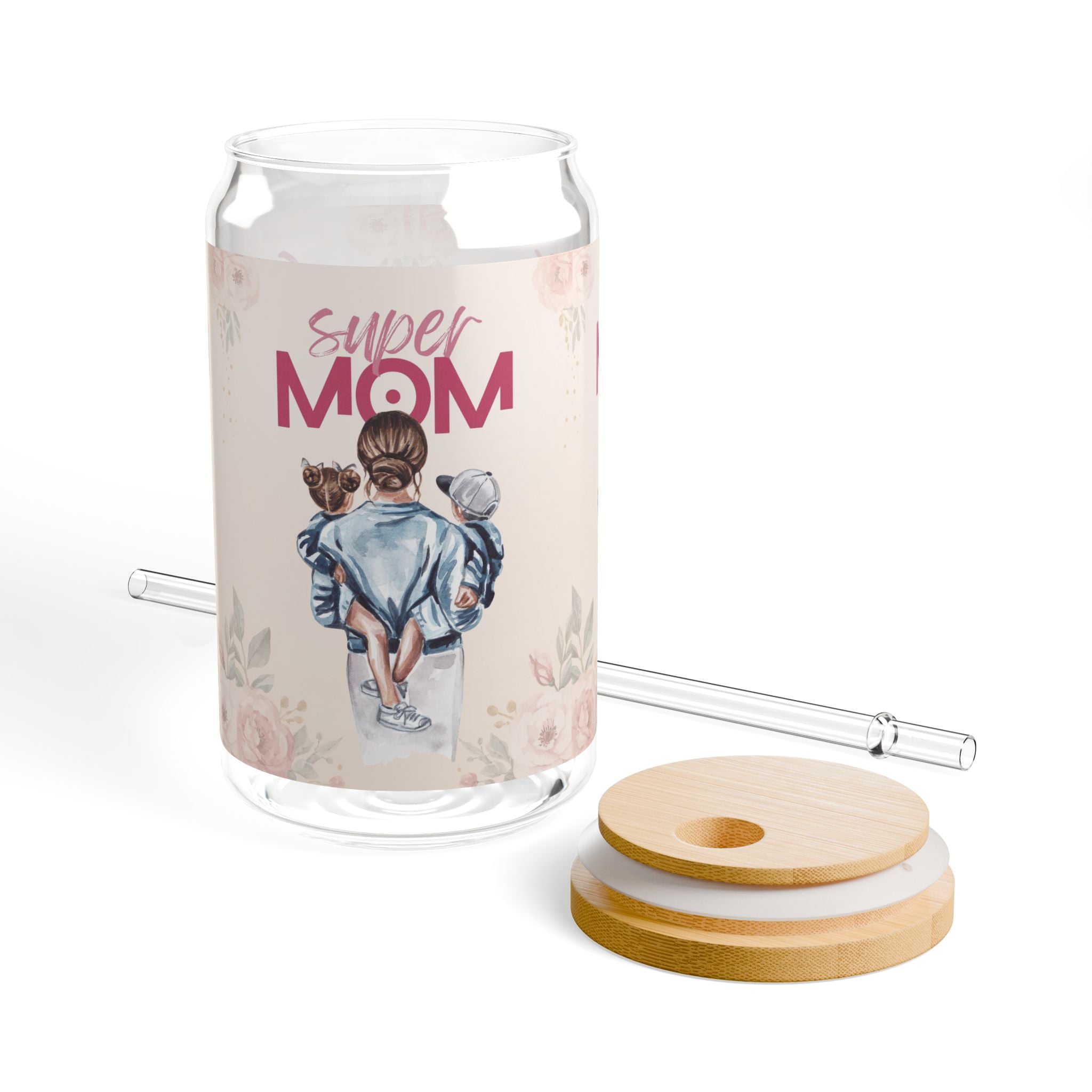 Glasbecher mit Strohhalm & Bambusdeckel „Super Mom“ | 16oz Becher aus gehärtetem Glas