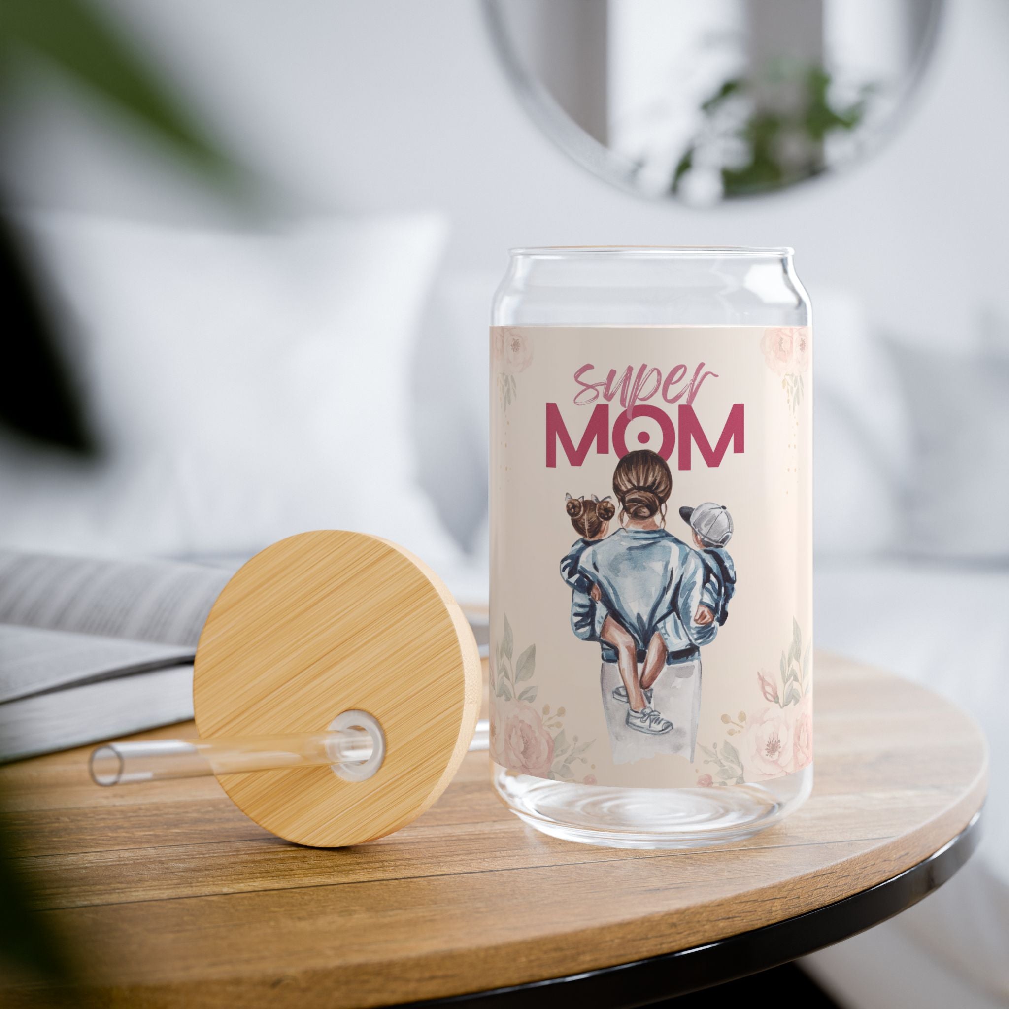 Glasbecher mit Strohhalm & Bambusdeckel „Super Mom“ | 16oz Becher aus gehärtetem Glas