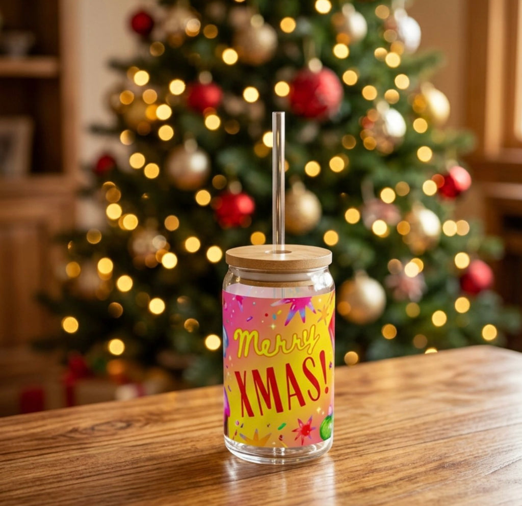 Weihnachtsglas 473 ml | Glasbecher Frohe Weihnachten mit Bambusdeckel & Strohhalm