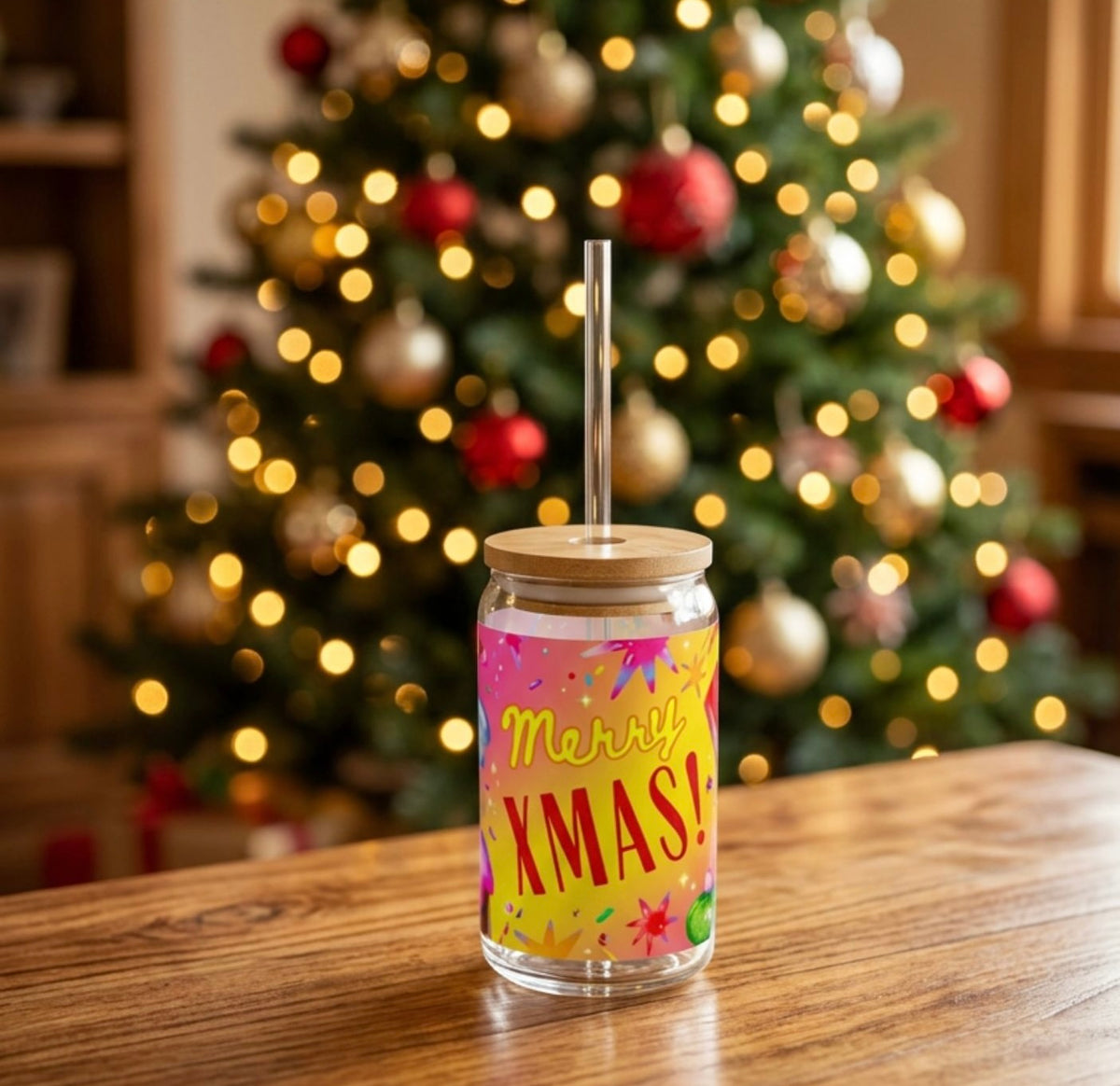 Weihnachtsglas 473 ml | Glasbecher Frohe Weihnachten mit Bambusdeckel & Strohhalm